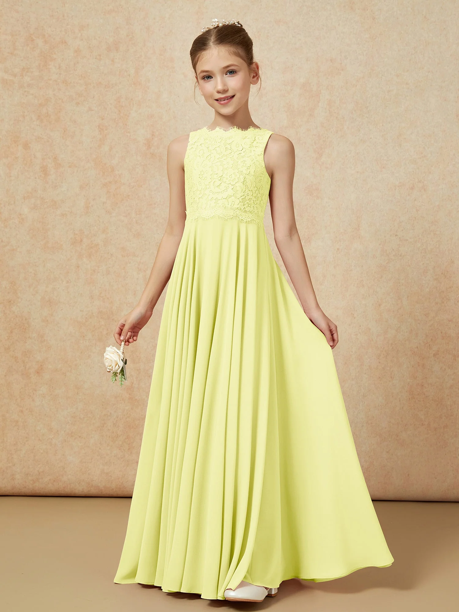 Bateau Ausschnitt A-Linie Bodenlang Chiffon Junge Brautjungfernkleider Narzisse - Image 3