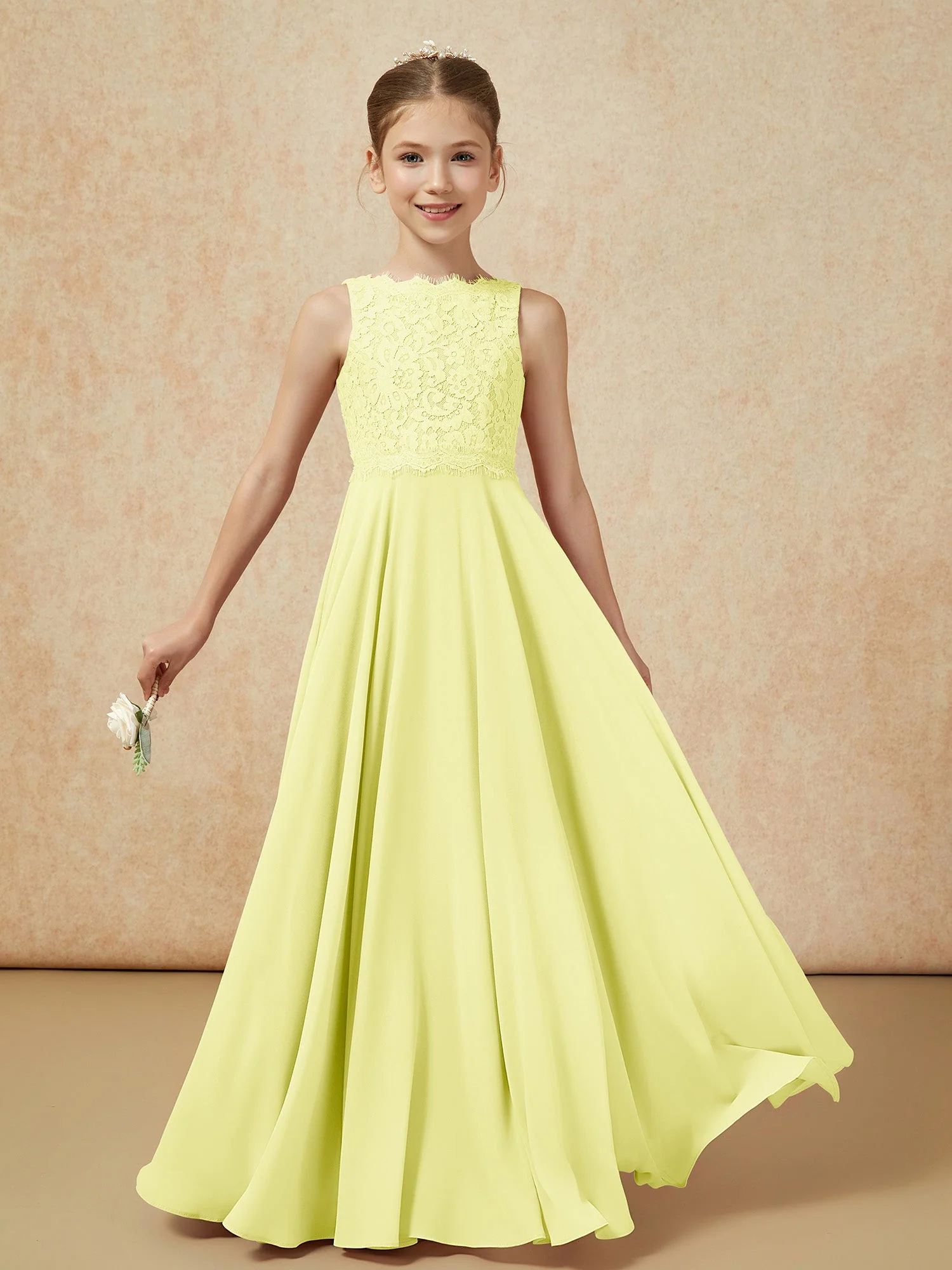 Bateau Ausschnitt A-Linie Bodenlang Chiffon Junge Brautjungfernkleider Narzisse - Image 5