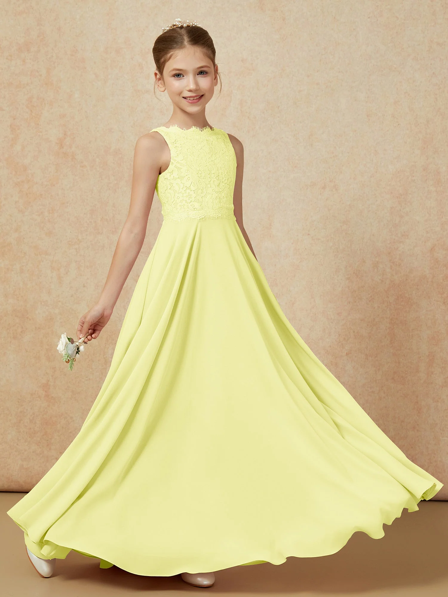 Bateau Ausschnitt A-Linie Bodenlang Chiffon Junge Brautjungfernkleider Narzisse - Image 6