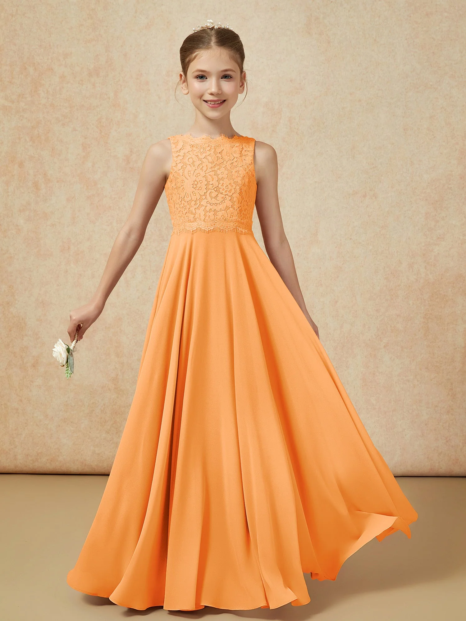 Bateau Ausschnitt A-Linie Bodenlang Chiffon Junge Brautjungfernkleider Orange - Image 5