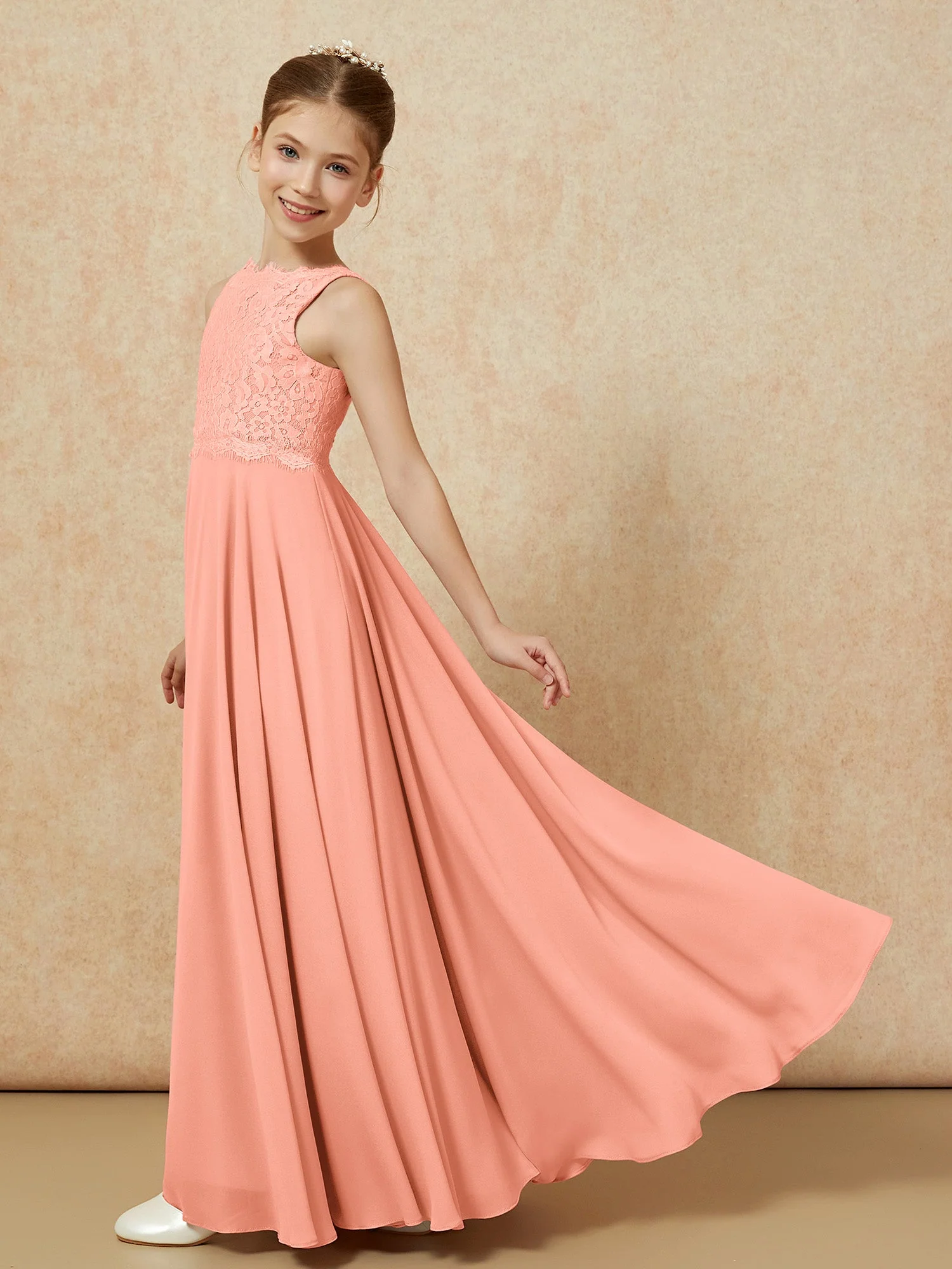 Bateau Ausschnitt A-Linie Bodenlang Chiffon Junge Brautjungfernkleider Papaya - Image 4