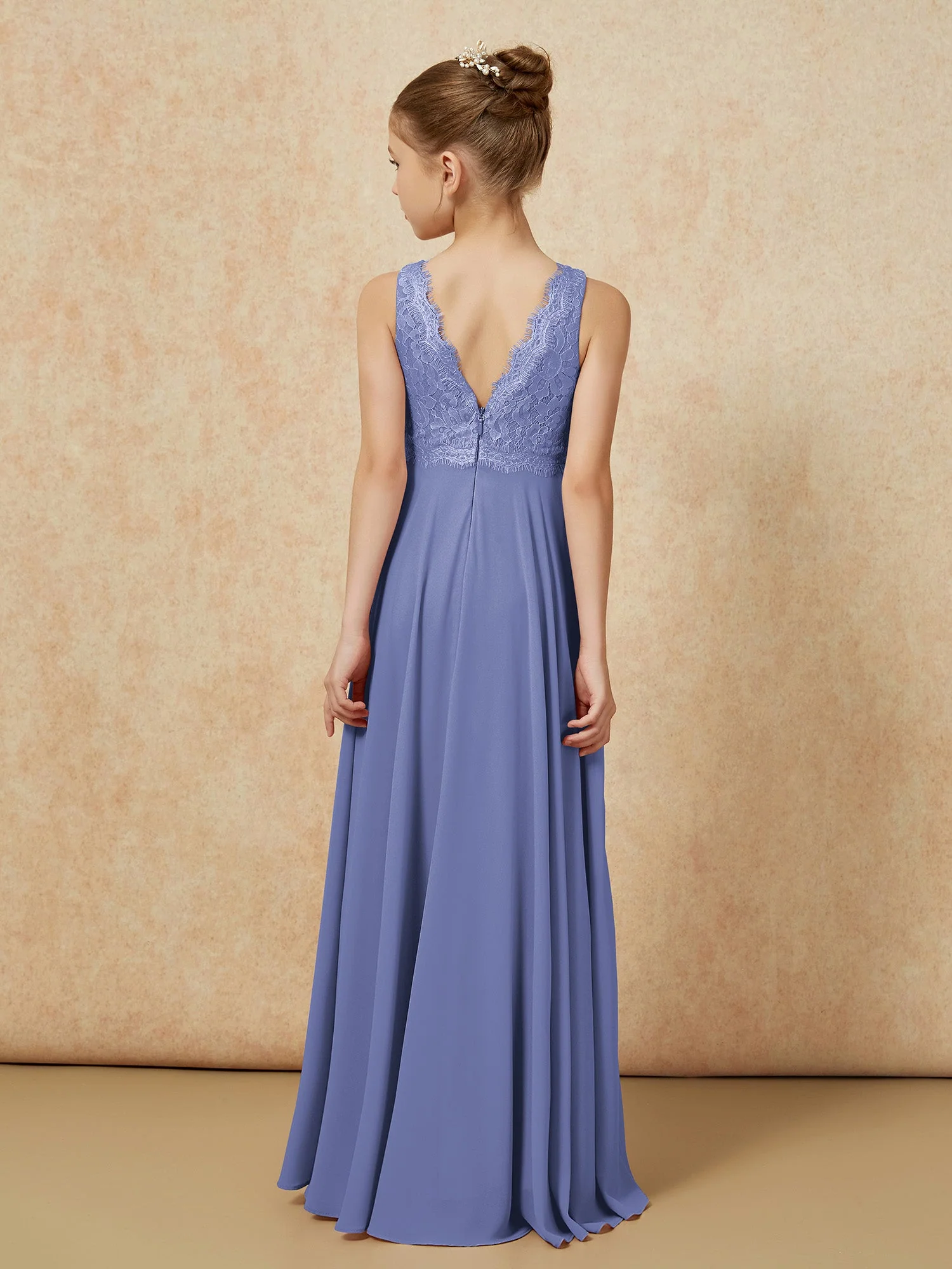 Bateau Ausschnitt A-Linie Bodenlang Chiffon Junge Brautjungfernkleider Periwinkleblau - Image 2