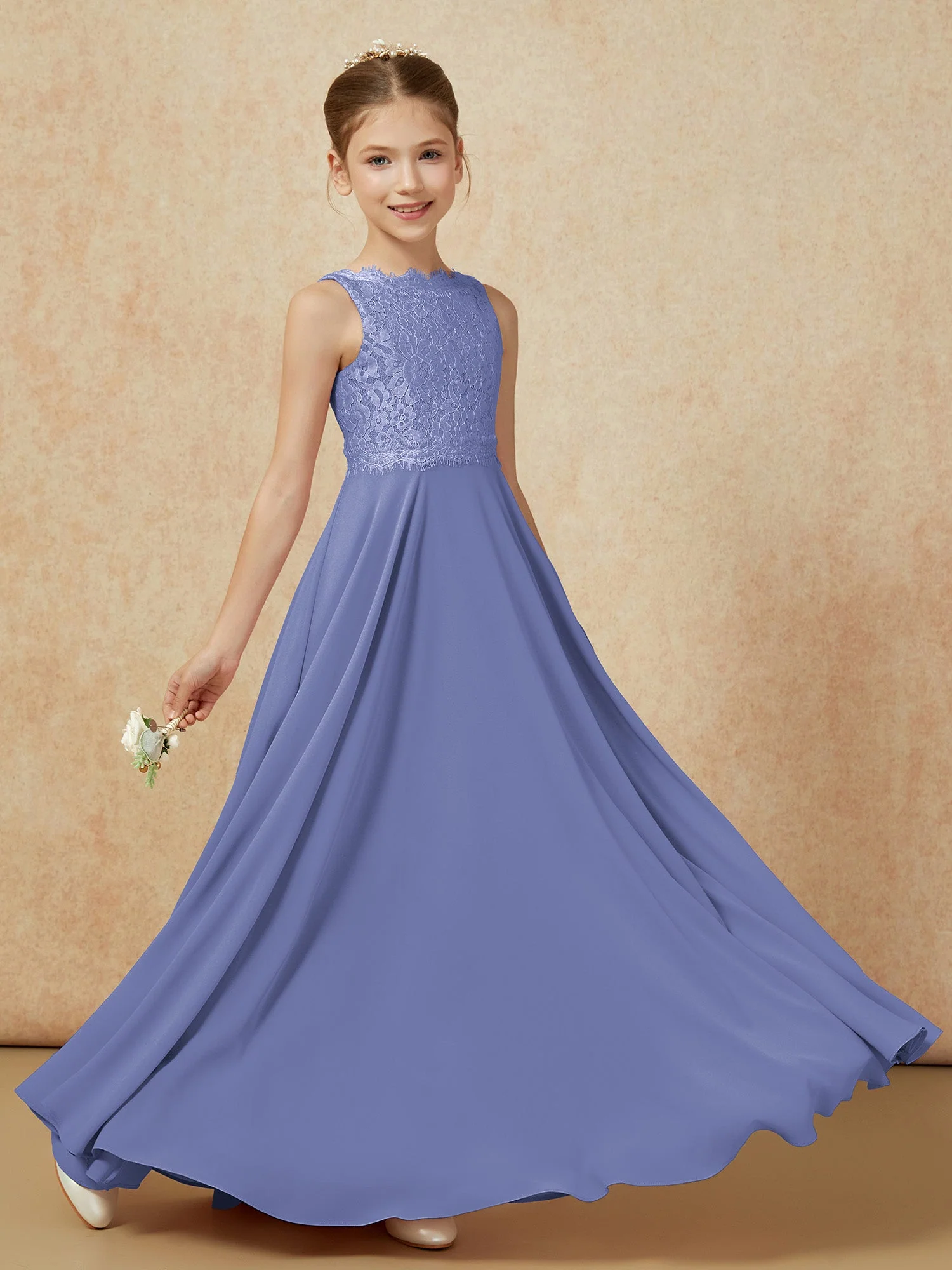 Bateau Ausschnitt A-Linie Bodenlang Chiffon Junge Brautjungfernkleider Periwinkleblau - Image 6