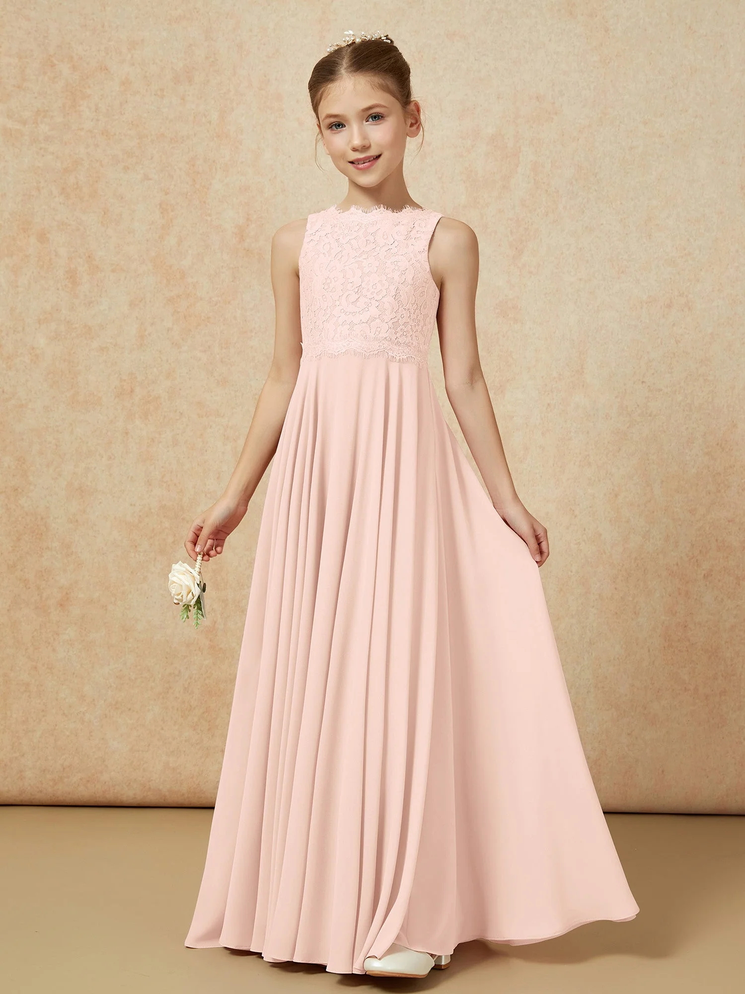 Bateau Ausschnitt A-Linie Bodenlang Chiffon Junge Brautjungfernkleider Perlrosa - Image 3