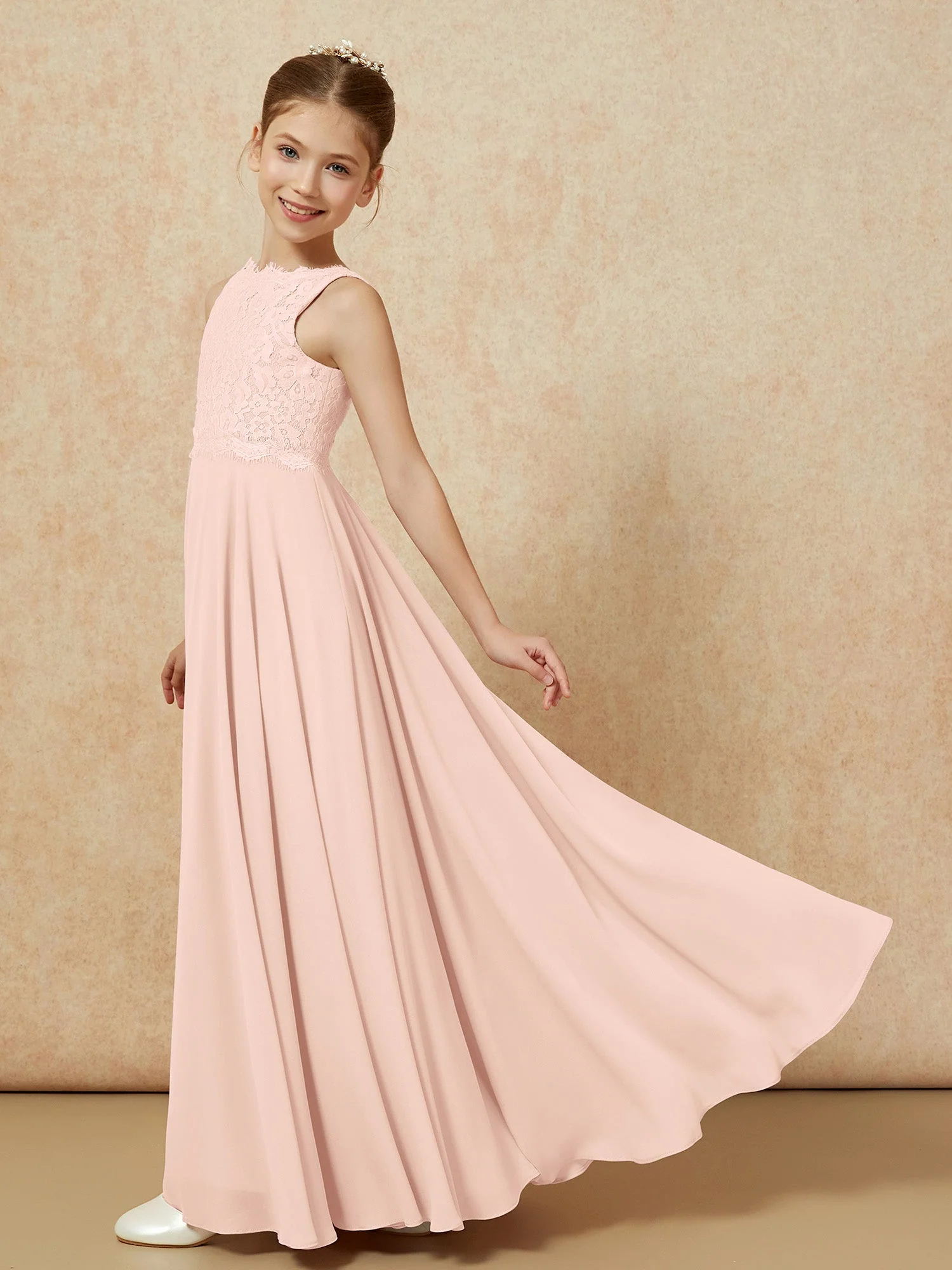 Bateau Ausschnitt A-Linie Bodenlang Chiffon Junge Brautjungfernkleider Perlrosa - Image 4