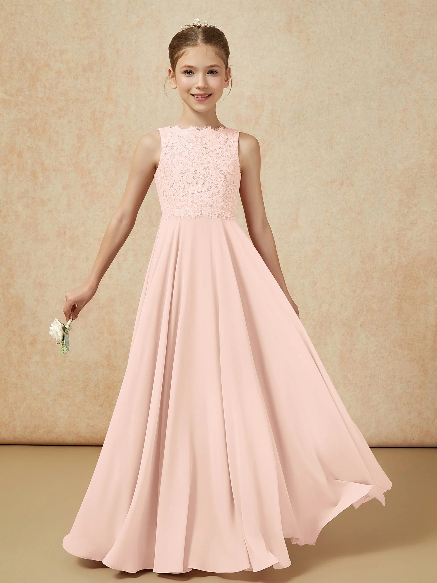 Bateau Ausschnitt A-Linie Bodenlang Chiffon Junge Brautjungfernkleider Perlrosa - Image 5