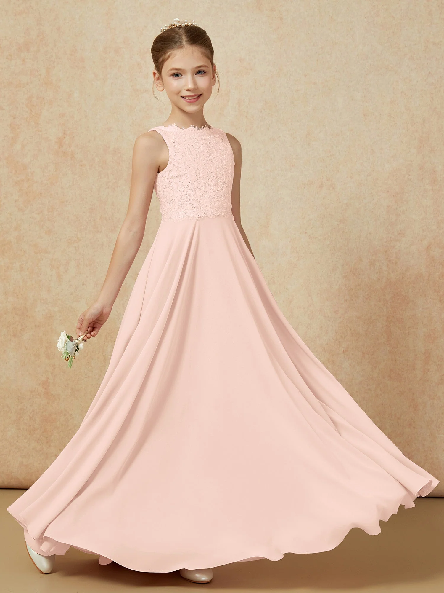 Bateau Ausschnitt A-Linie Bodenlang Chiffon Junge Brautjungfernkleider Perlrosa - Image 6