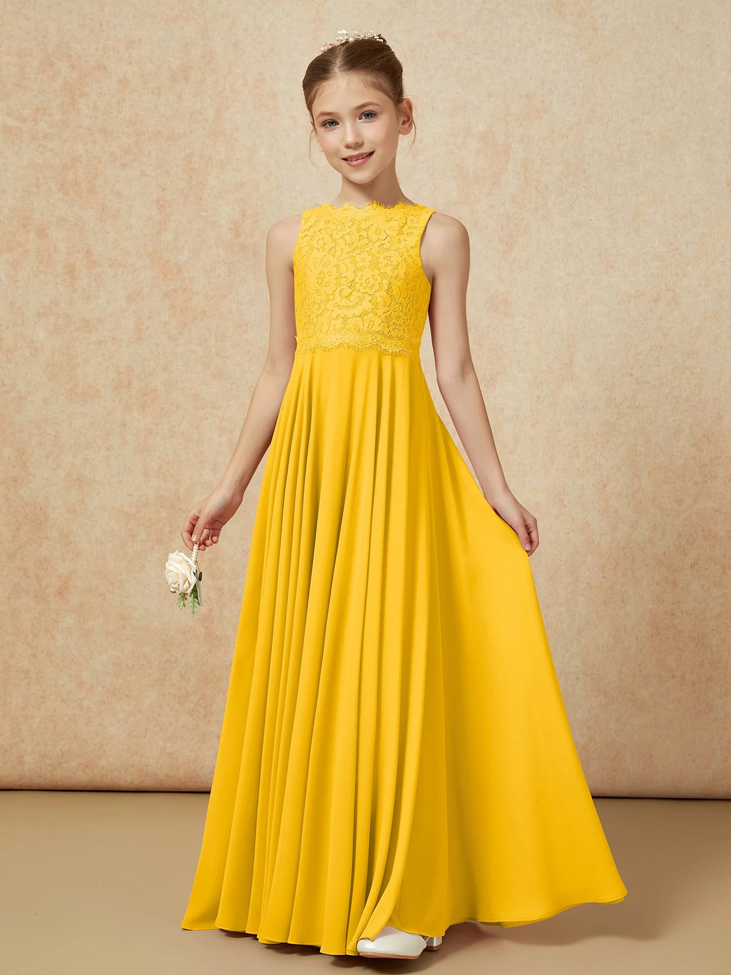 Bateau Ausschnitt A-Linie Bodenlang Chiffon Junge Brautjungfernkleider Ringelblume - Image 3