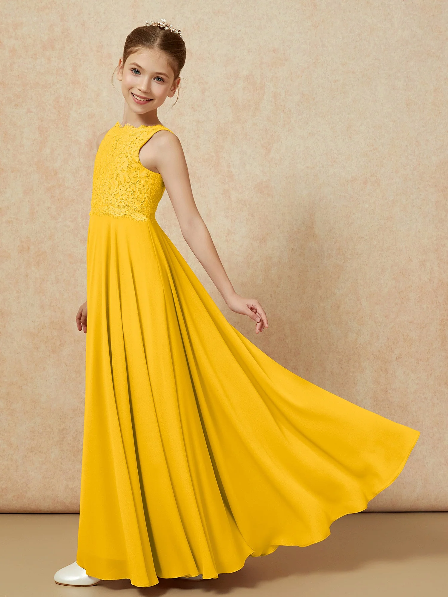 Bateau Ausschnitt A-Linie Bodenlang Chiffon Junge Brautjungfernkleider Ringelblume - Image 4