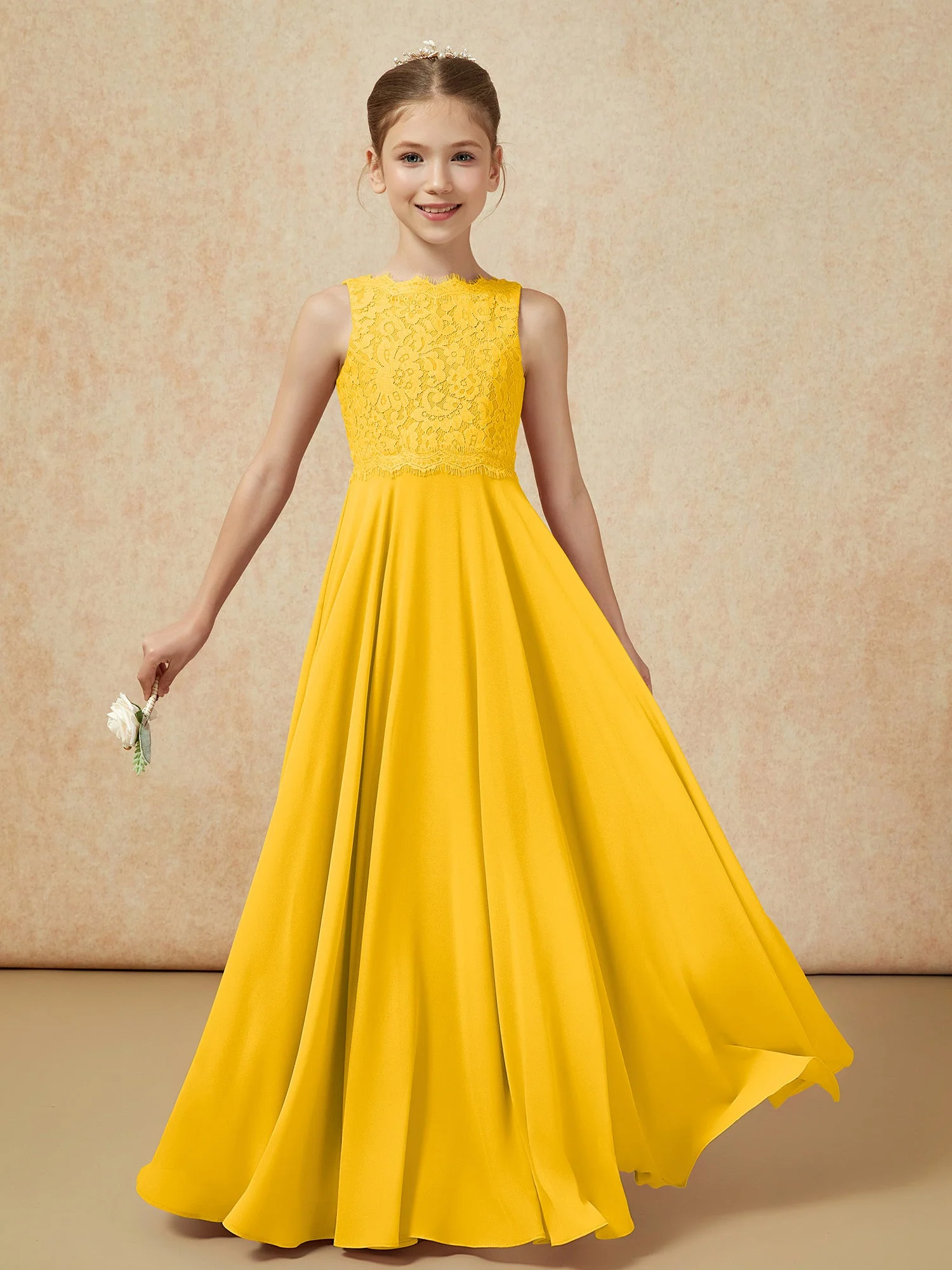 Bateau Ausschnitt A-Linie Bodenlang Chiffon Junge Brautjungfernkleider Ringelblume - Image 5