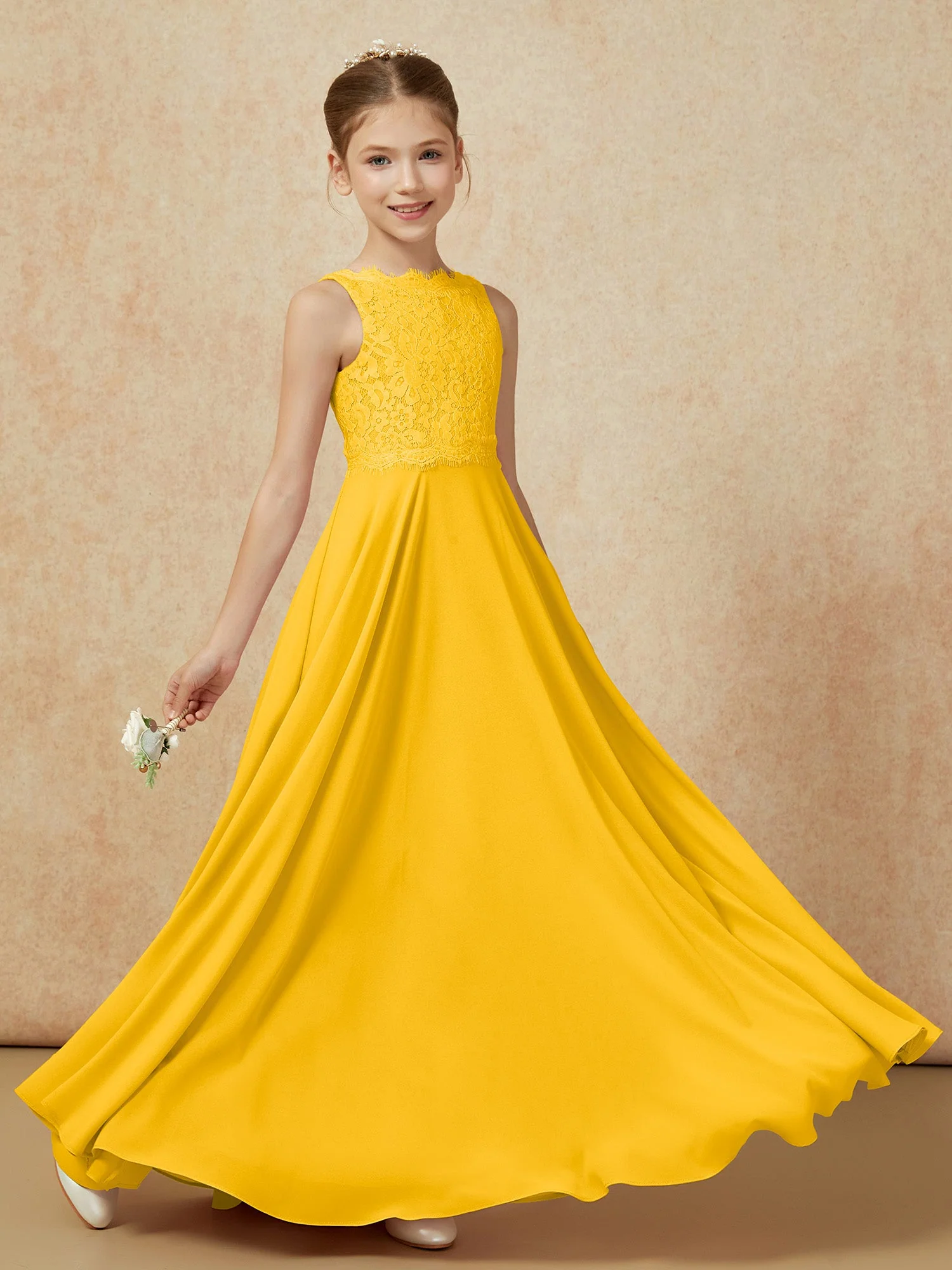 Bateau Ausschnitt A-Linie Bodenlang Chiffon Junge Brautjungfernkleider Ringelblume - Image 6