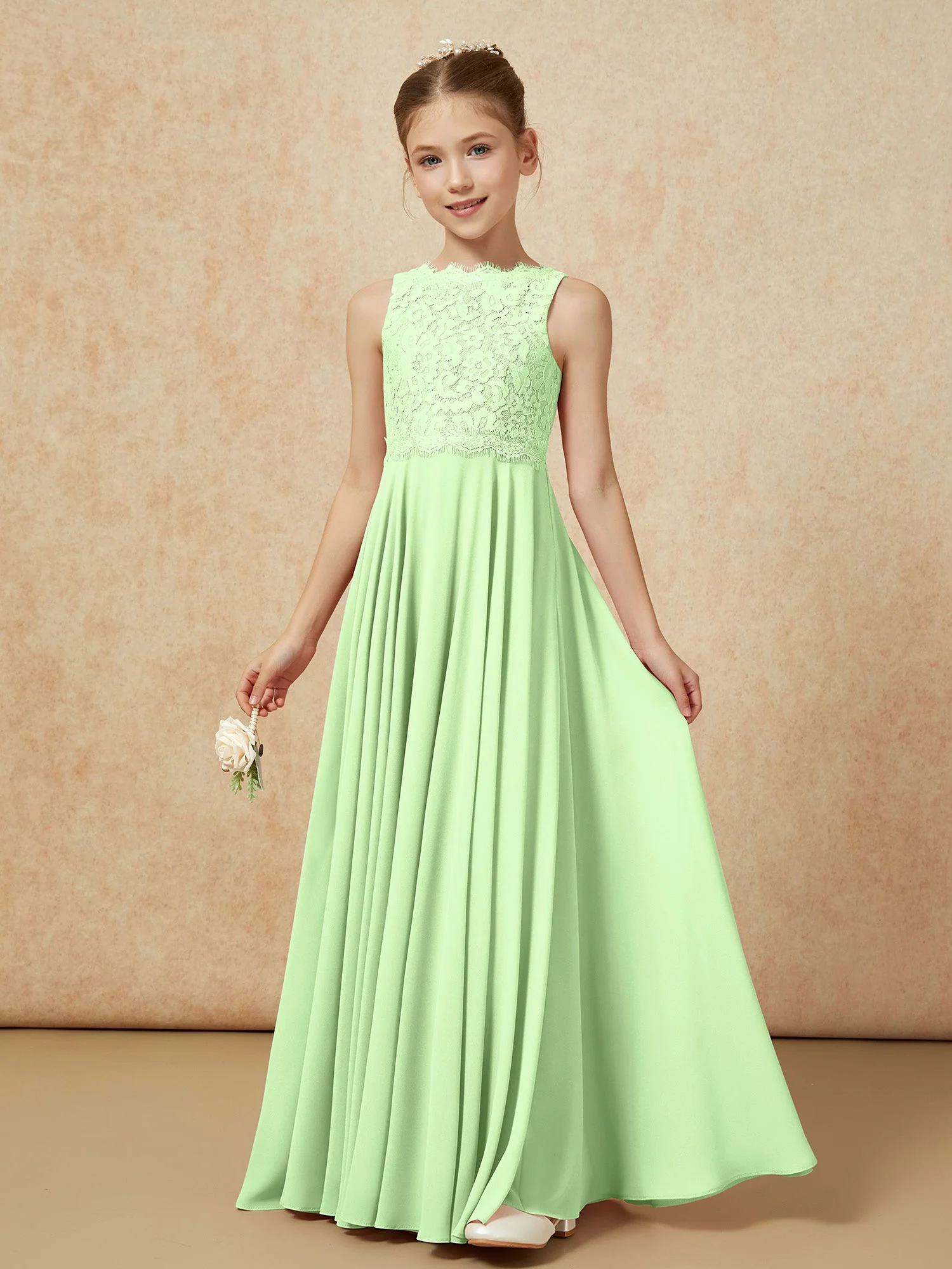 Bateau Ausschnitt A-Linie Bodenlang Chiffon Junge Brautjungfernkleider Salbei - Image 3
