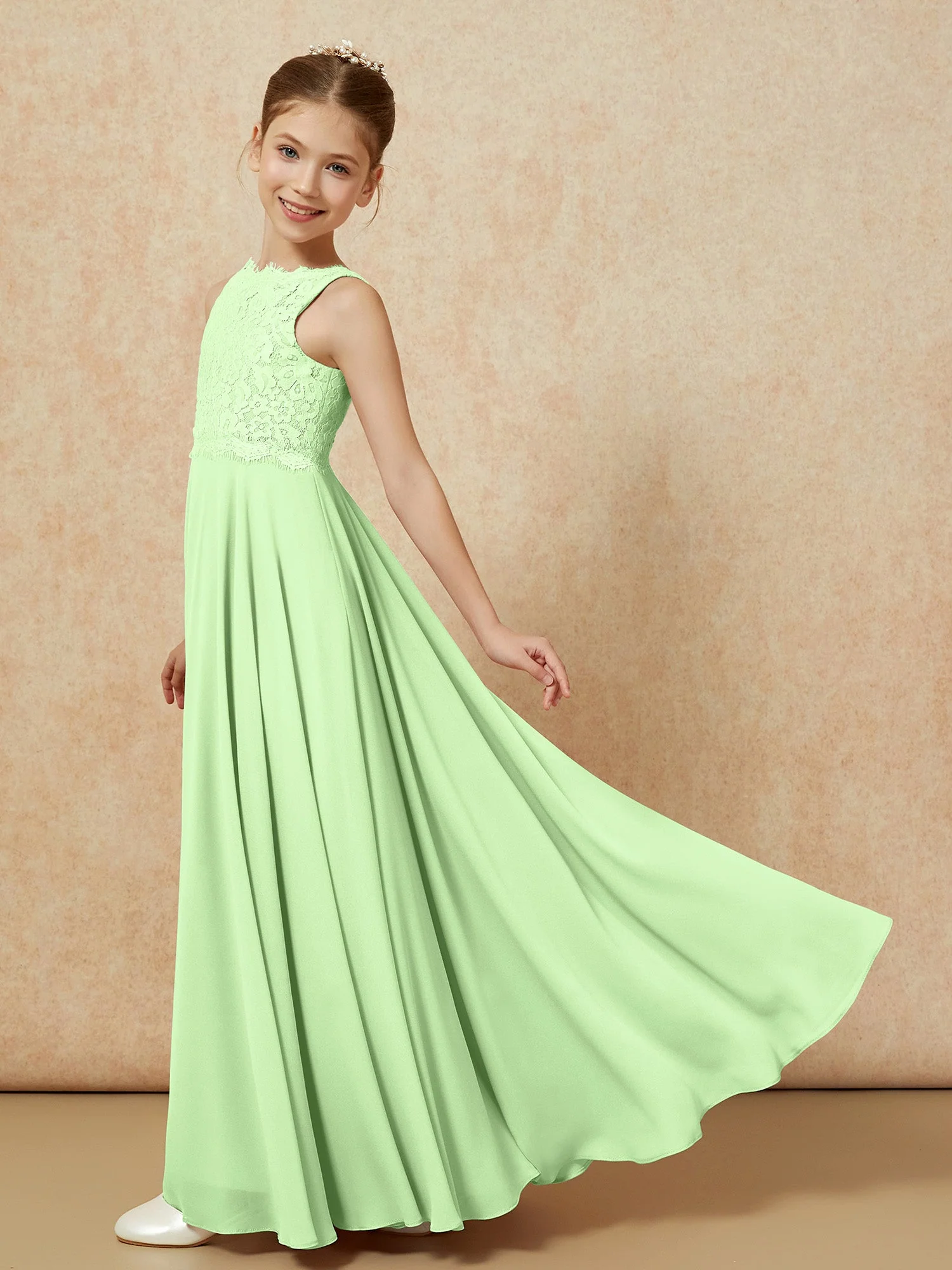 Bateau Ausschnitt A-Linie Bodenlang Chiffon Junge Brautjungfernkleider Salbei - Image 4