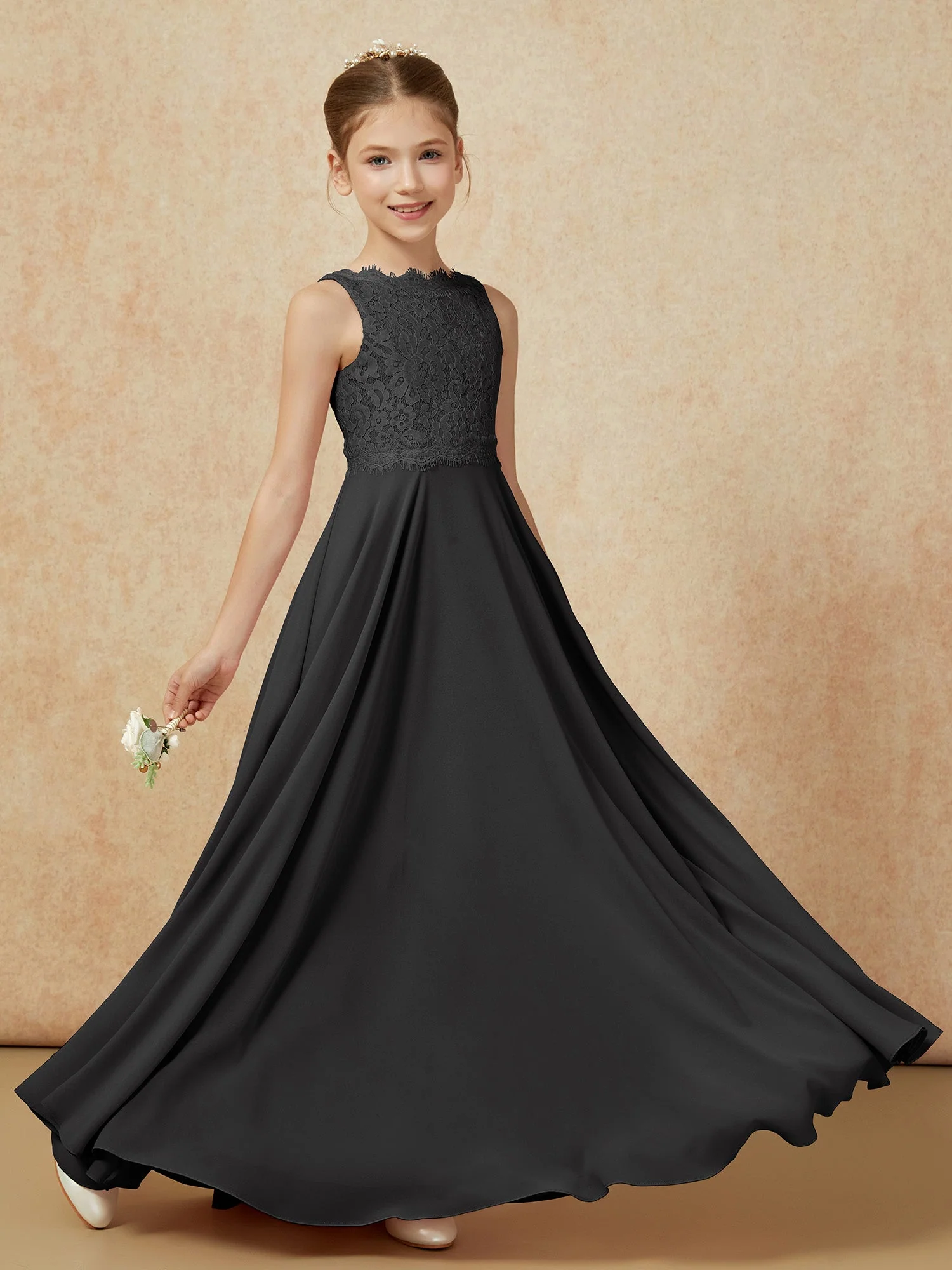 Bateau Ausschnitt A-Linie Bodenlang Chiffon Junge Brautjungfernkleider Schwarz - Image 6