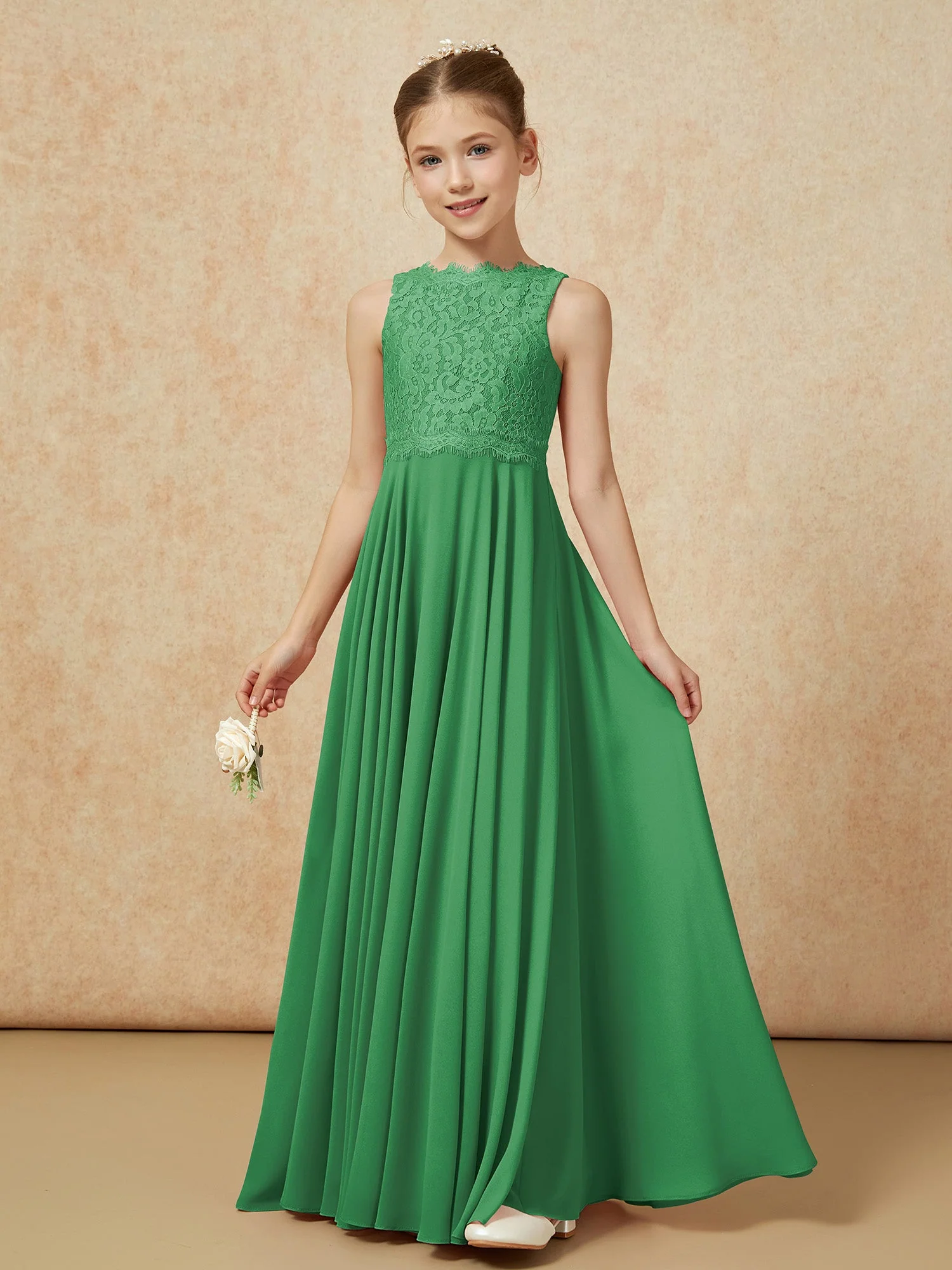 Bateau Ausschnitt A-Linie Bodenlang Chiffon Junge Brautjungfernkleider Smaragd - Image 3