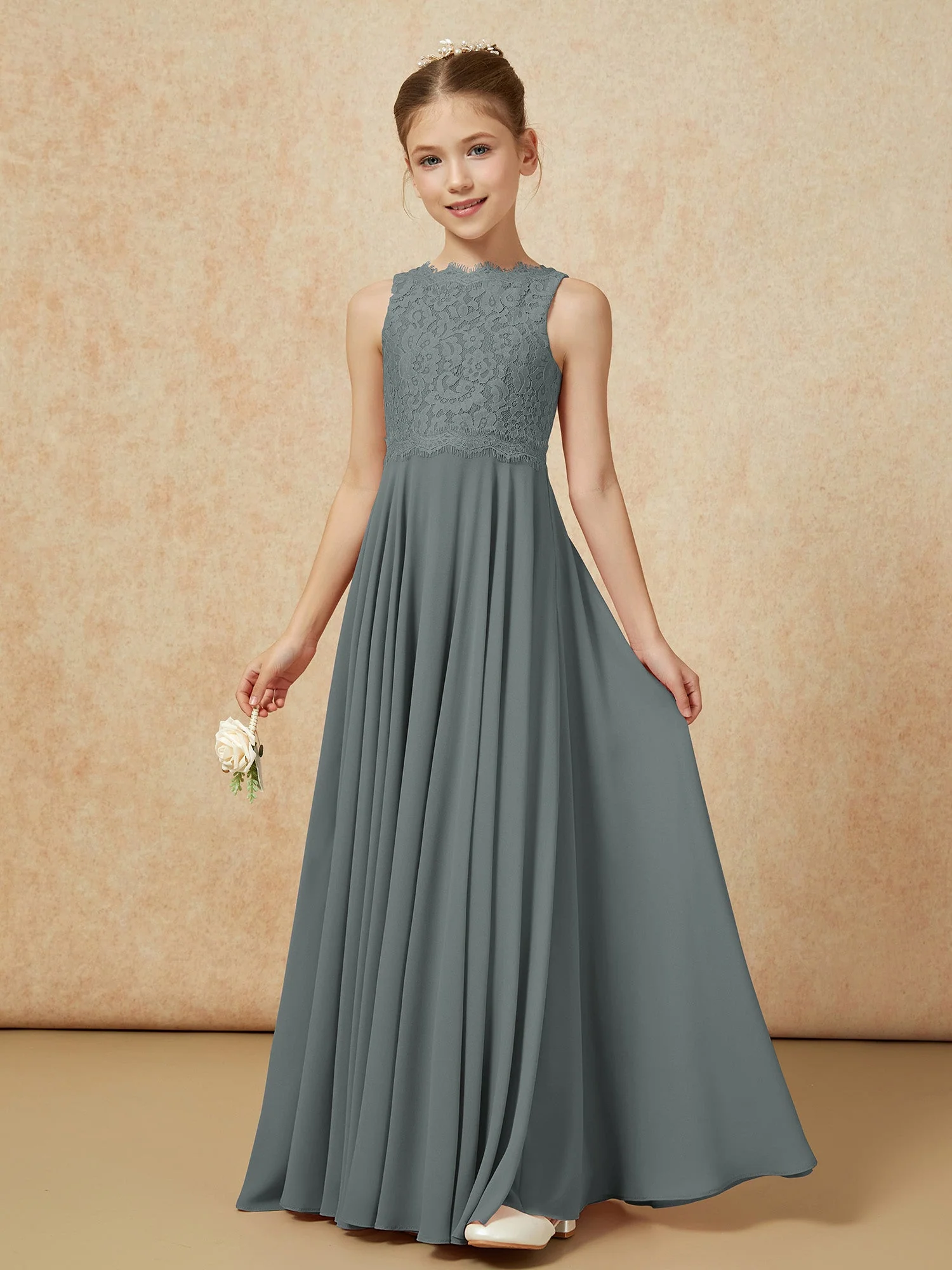 Bateau Ausschnitt A-Linie Bodenlang Chiffon Junge Brautjungfernkleider Stahlgrau - Image 3
