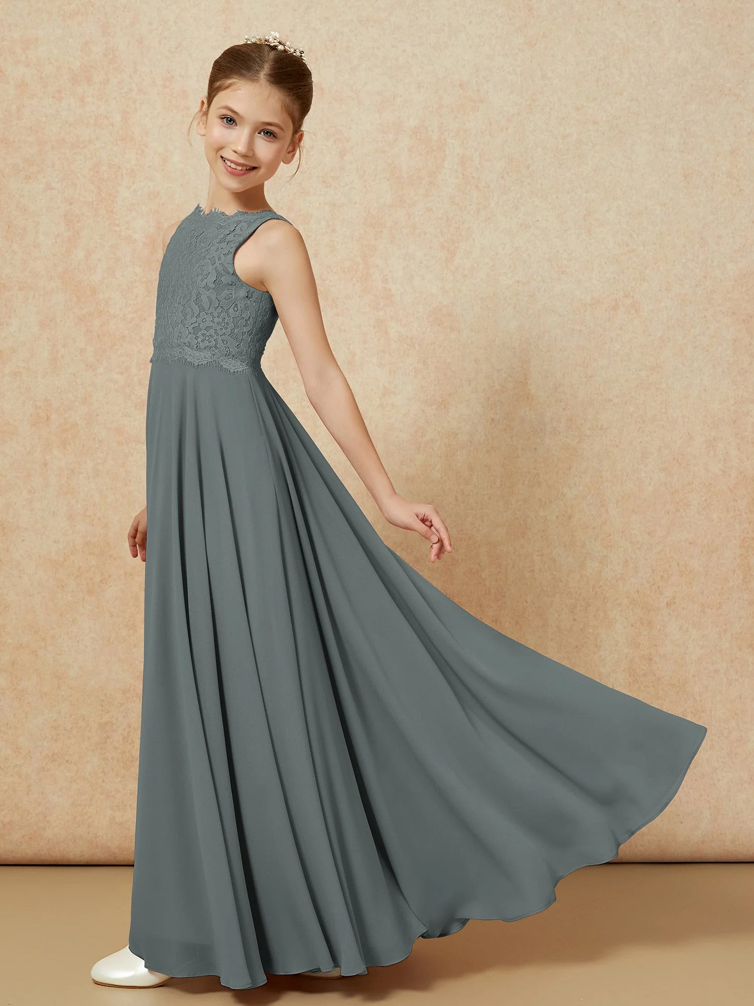 Bateau Ausschnitt A-Linie Bodenlang Chiffon Junge Brautjungfernkleider Stahlgrau - Image 4