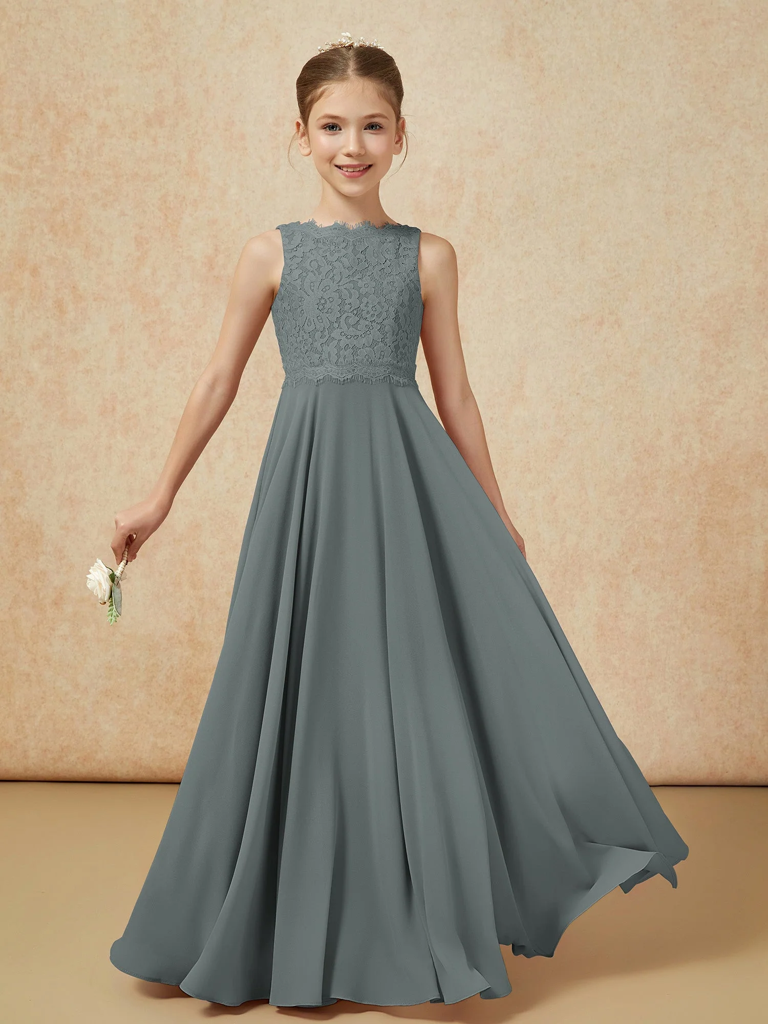 Bateau Ausschnitt A-Linie Bodenlang Chiffon Junge Brautjungfernkleider Stahlgrau - Image 5