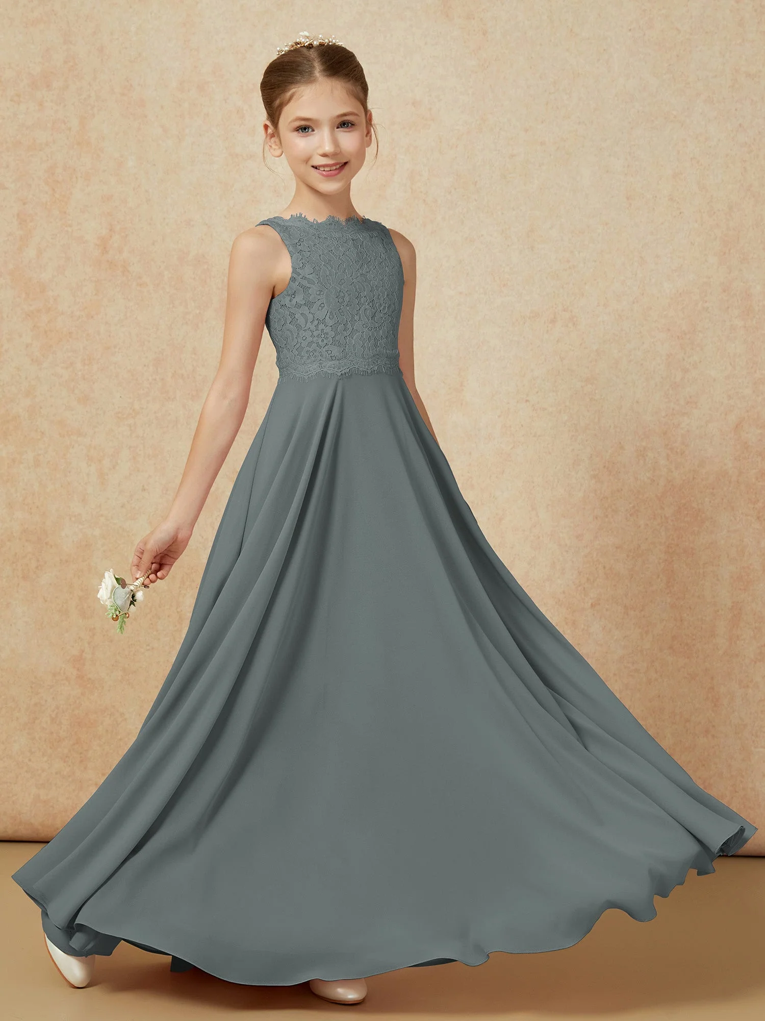 Bateau Ausschnitt A-Linie Bodenlang Chiffon Junge Brautjungfernkleider Stahlgrau - Image 6