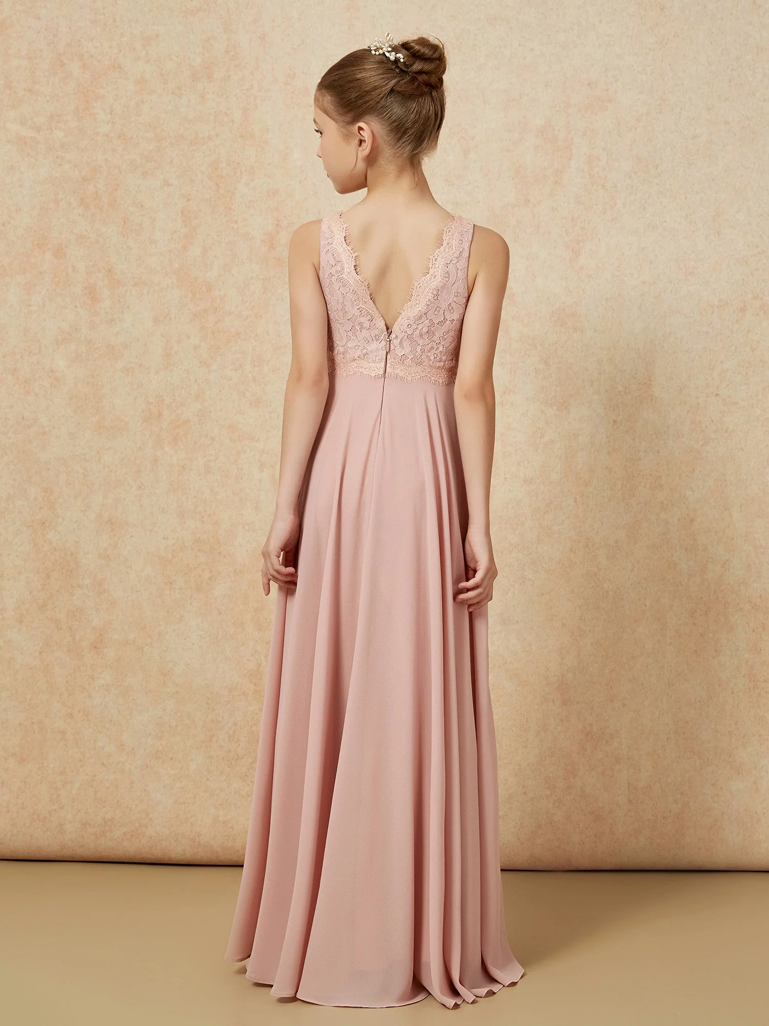 Bateau Ausschnitt A-Linie Bodenlang Chiffon Junge Brautjungfernkleider Staubige Rosa - Image 2