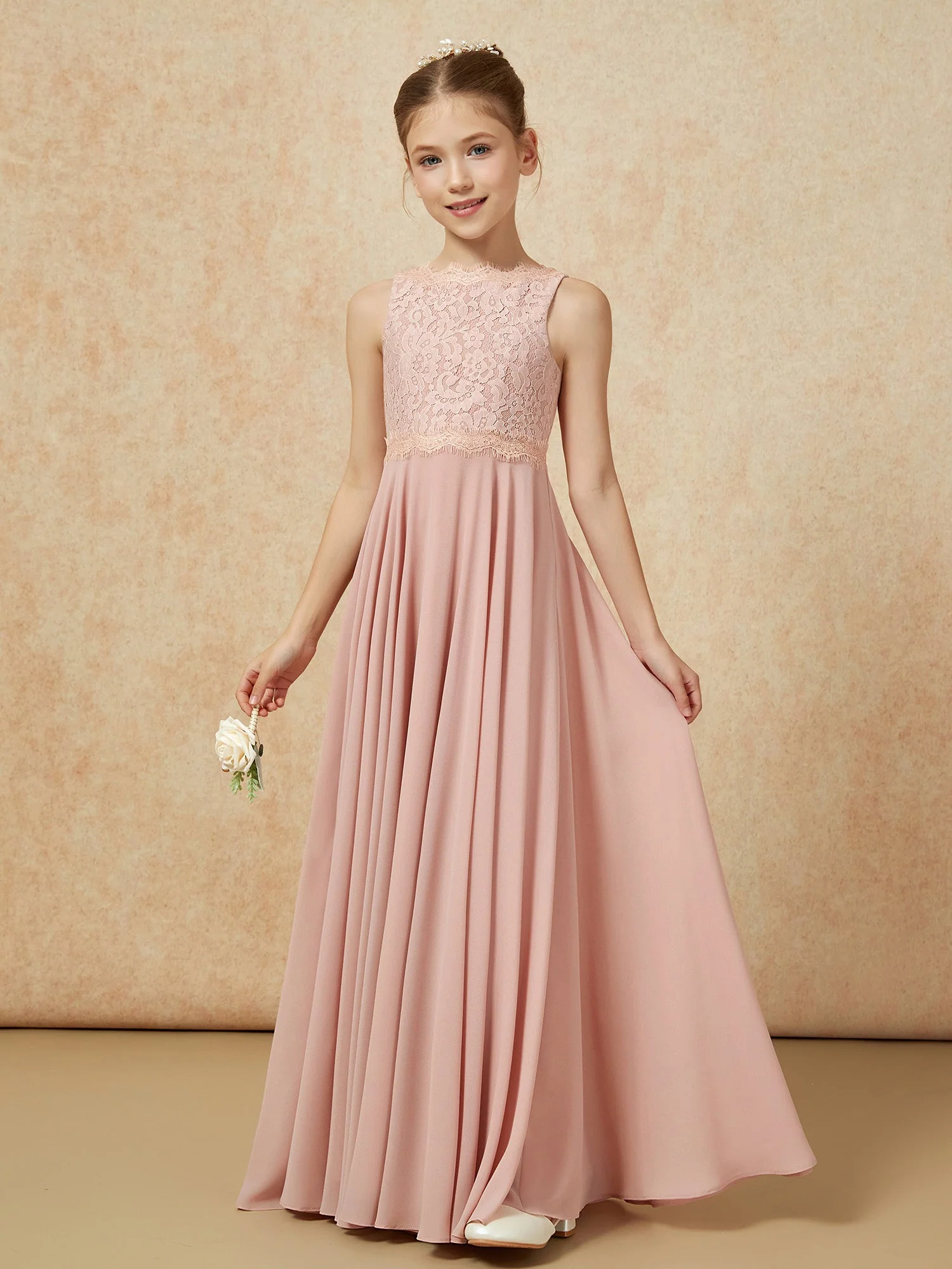 Bateau Ausschnitt A-Linie Bodenlang Chiffon Junge Brautjungfernkleider Staubige Rosa - Image 3