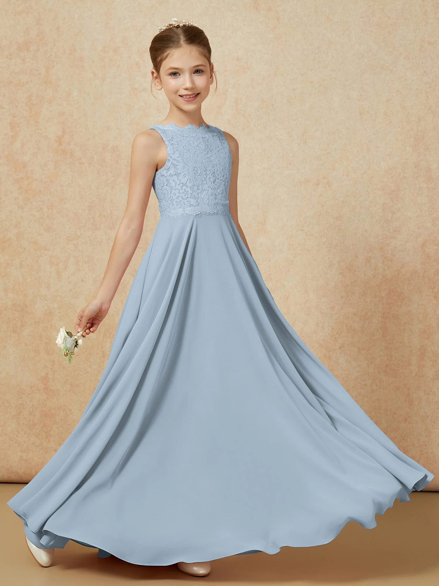Bateau Ausschnitt A-Linie Bodenlang Chiffon Junge Brautjungfernkleider Staubiges Blau - Image 6