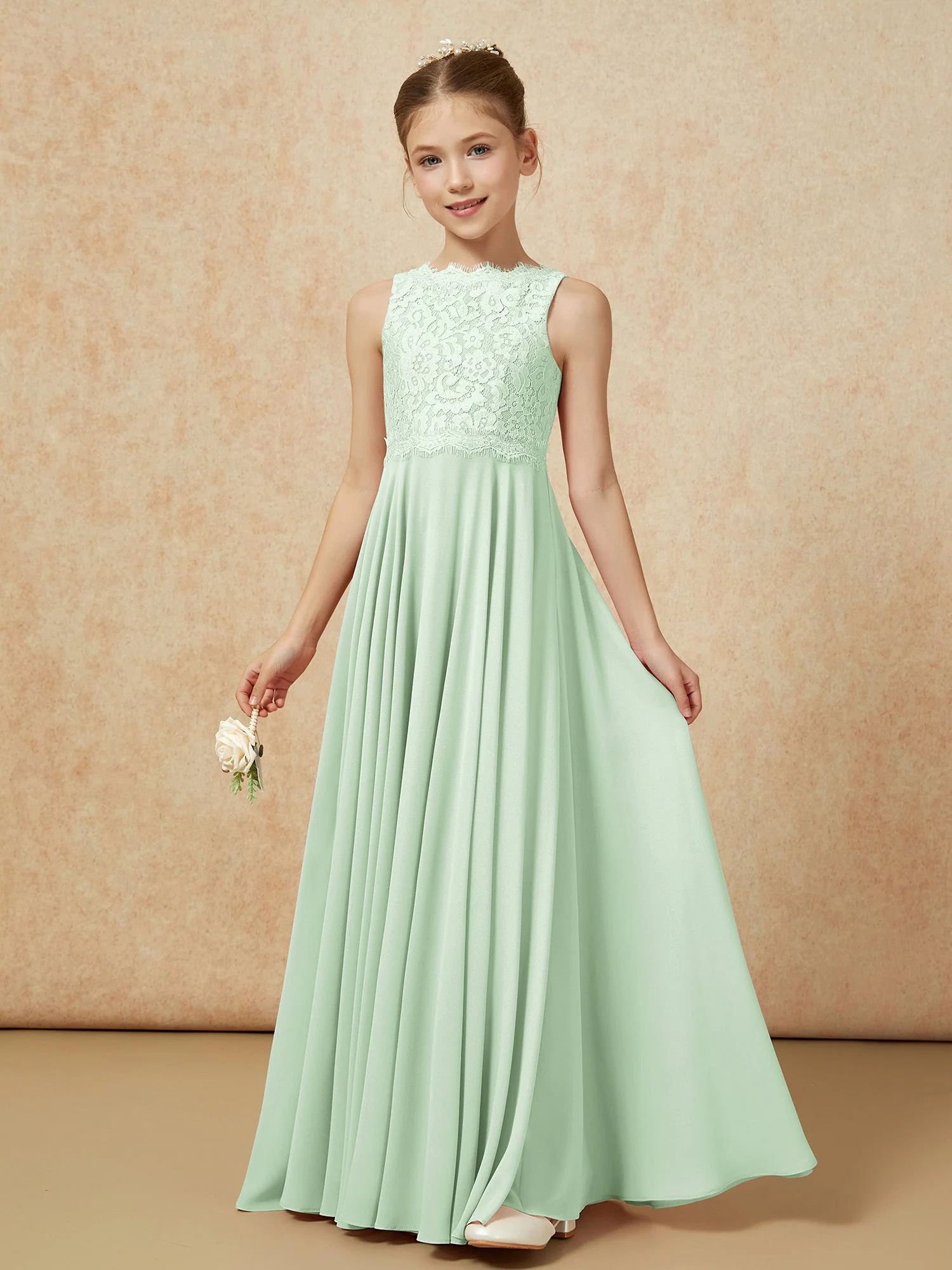 Bateau Ausschnitt A-Linie Bodenlang Chiffon Junge Brautjungfernkleider Staubiges Salbei - Image 3
