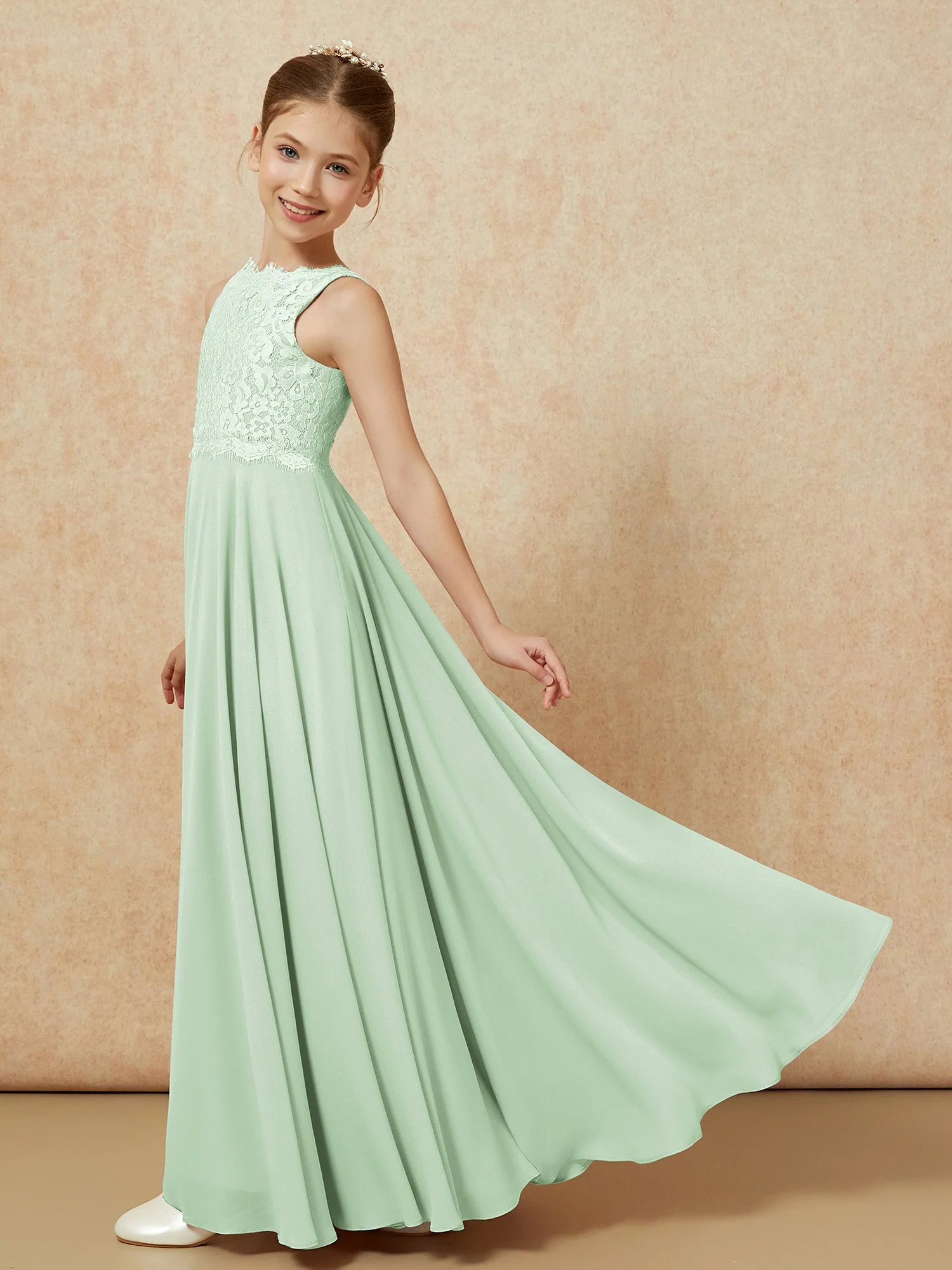 Bateau Ausschnitt A-Linie Bodenlang Chiffon Junge Brautjungfernkleider Staubiges Salbei - Image 4