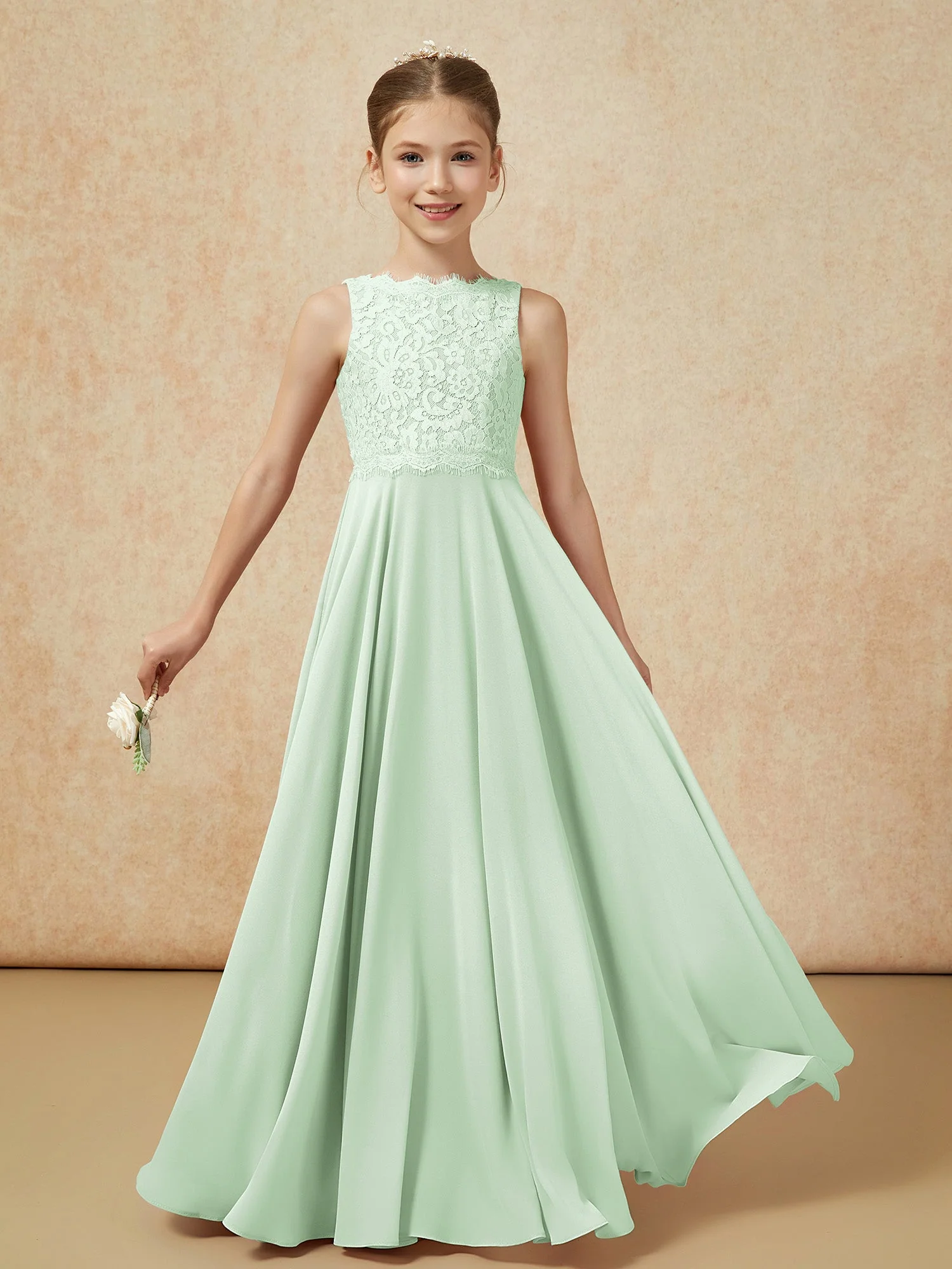 Bateau Ausschnitt A-Linie Bodenlang Chiffon Junge Brautjungfernkleider Staubiges Salbei - Image 5