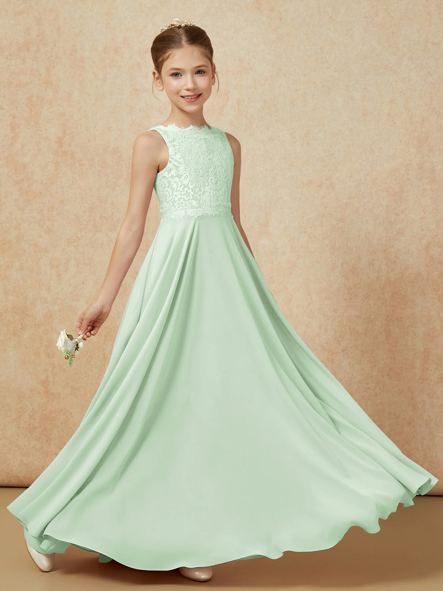 Bateau Ausschnitt A-Linie Bodenlang Chiffon Junge Brautjungfernkleider Staubiges Salbei - Image 6