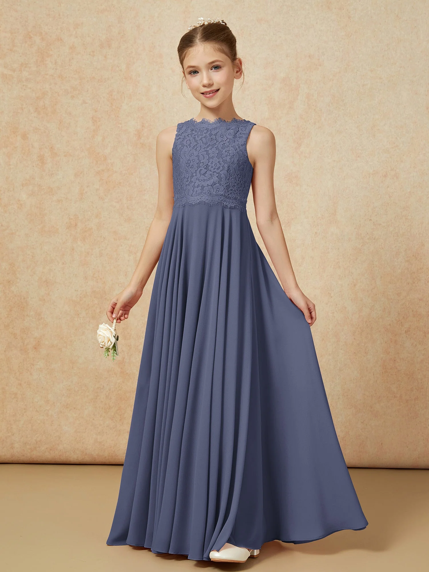 Bateau Ausschnitt A-Linie Bodenlang Chiffon Junge Brautjungfernkleider Sturm - Image 3