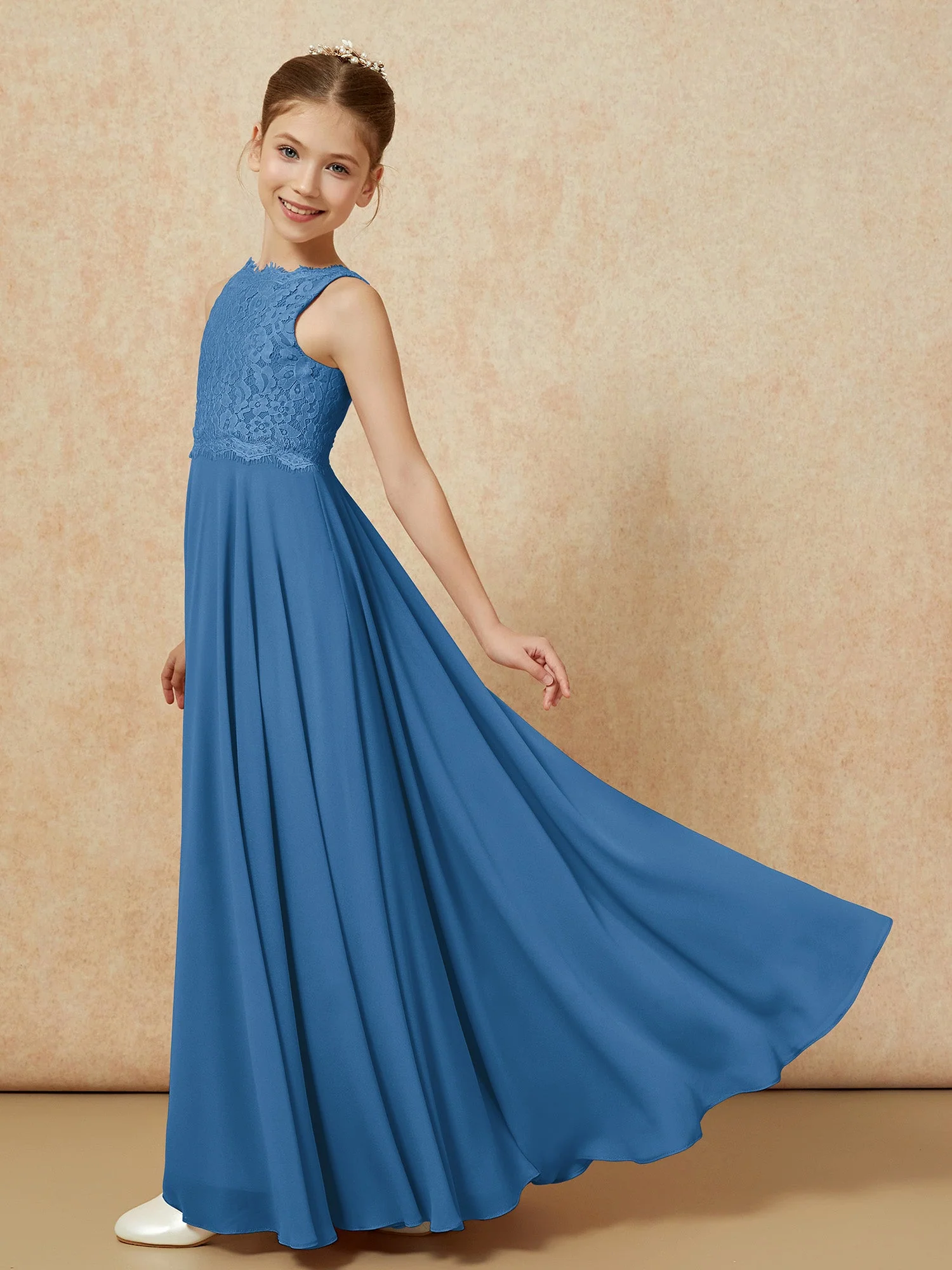 Bateau Ausschnitt A-Linie Bodenlang Chiffon Junge Brautjungfernkleider Tinte Blau - Image 4