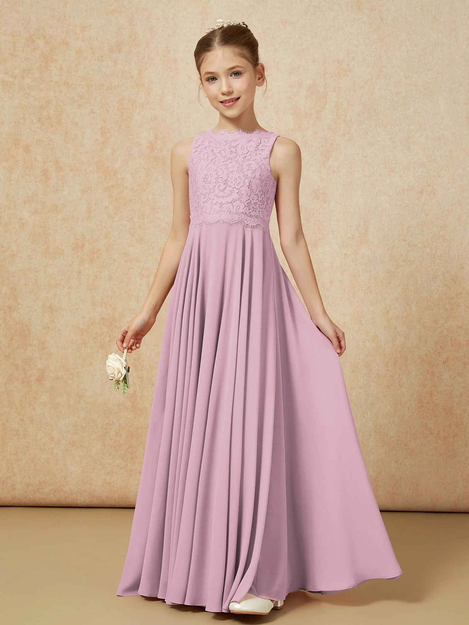 Bateau Ausschnitt A-Linie Bodenlang Chiffon Junge Brautjungfernkleider Vintage Mauve - Image 3