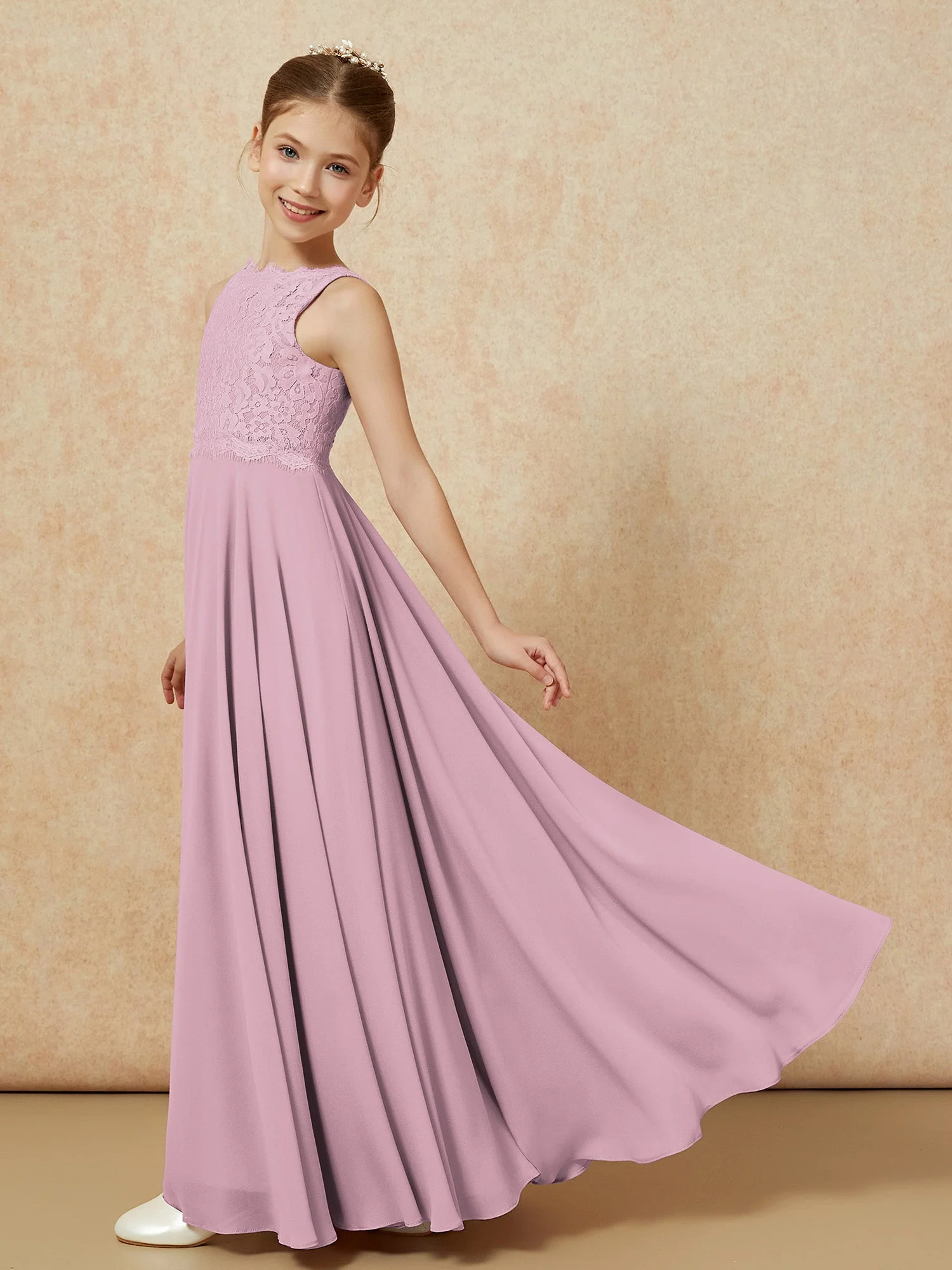 Bateau Ausschnitt A-Linie Bodenlang Chiffon Junge Brautjungfernkleider Vintage Mauve - Image 4
