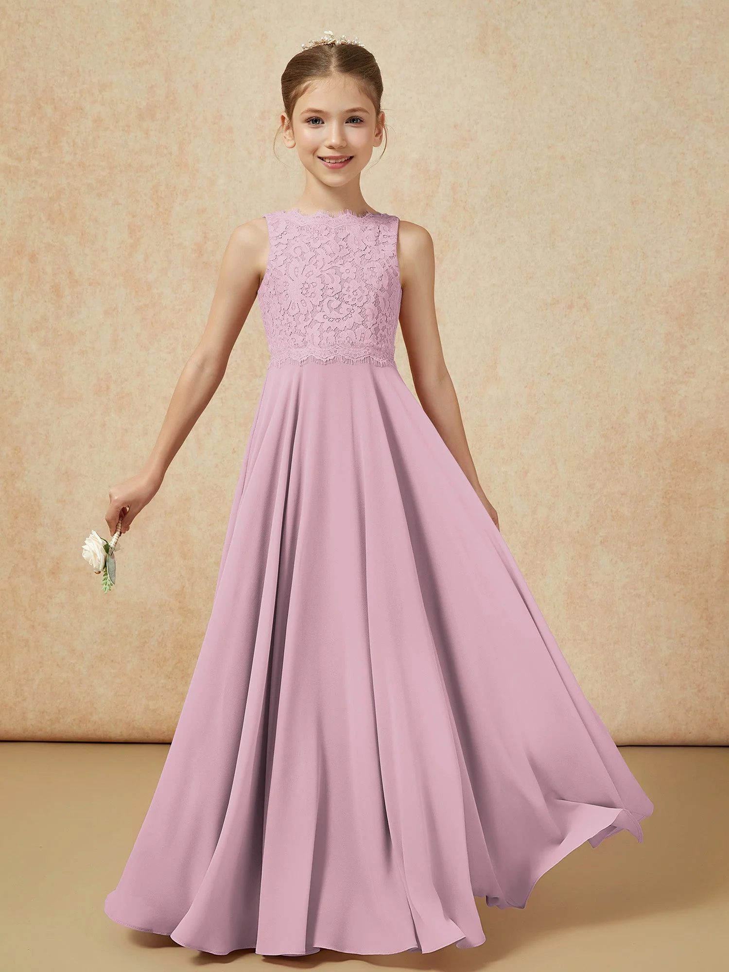 Bateau Ausschnitt A-Linie Bodenlang Chiffon Junge Brautjungfernkleider Vintage Mauve - Image 5