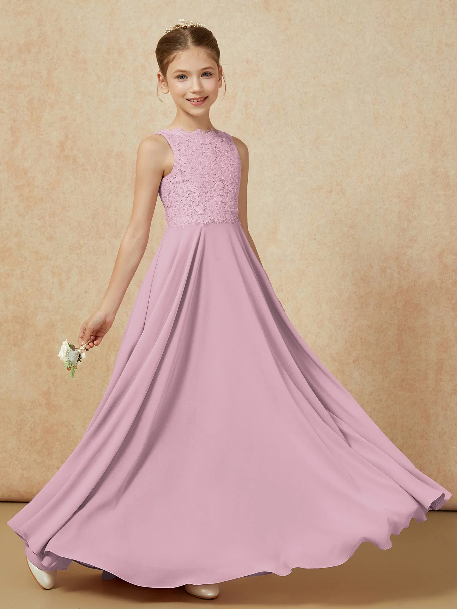 Bateau Ausschnitt A-Linie Bodenlang Chiffon Junge Brautjungfernkleider Vintage Mauve - Image 6