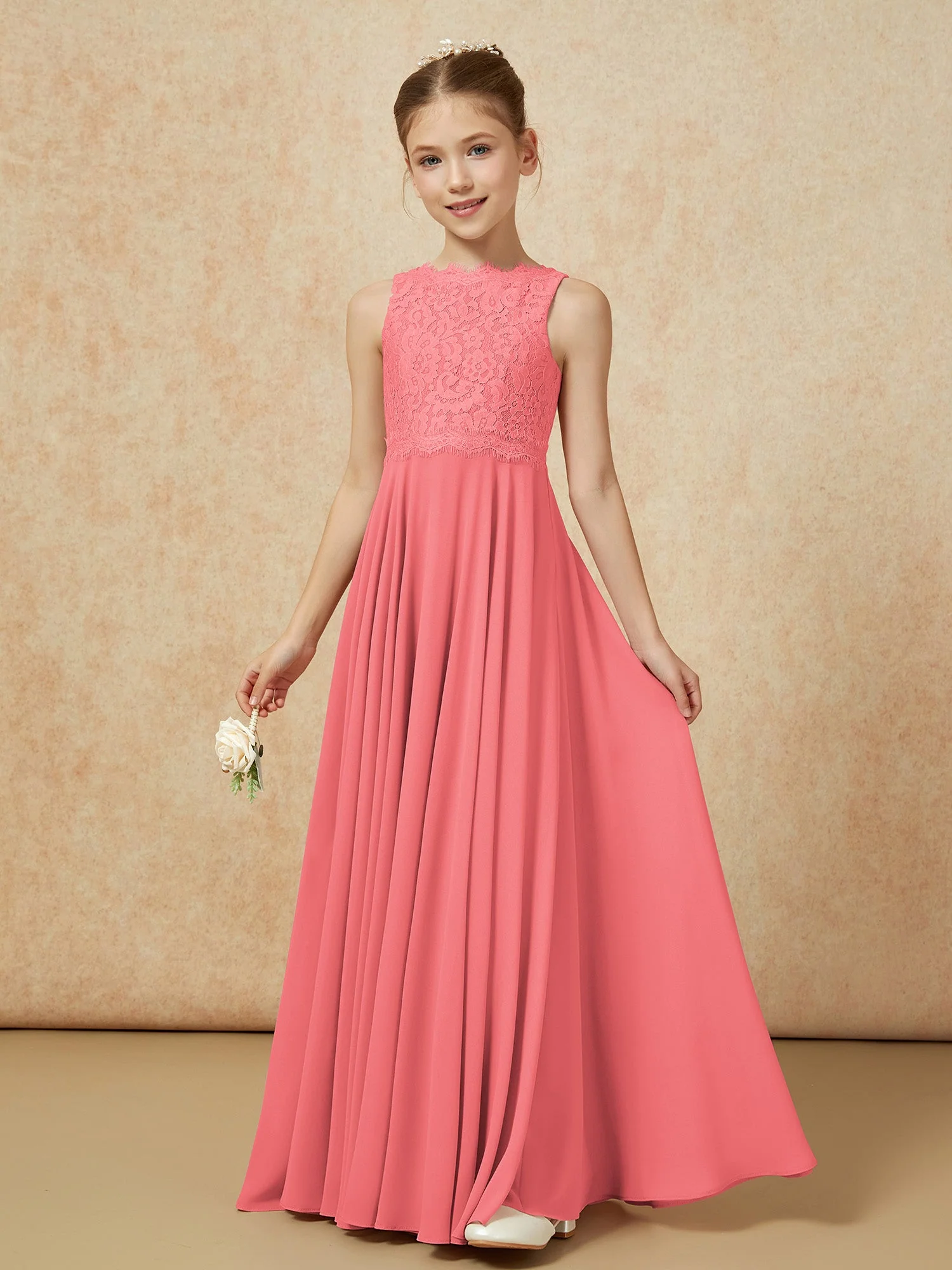 Bateau Ausschnitt A-Linie Bodenlang Chiffon Junge Brautjungfernkleider Wassermelone - Image 3