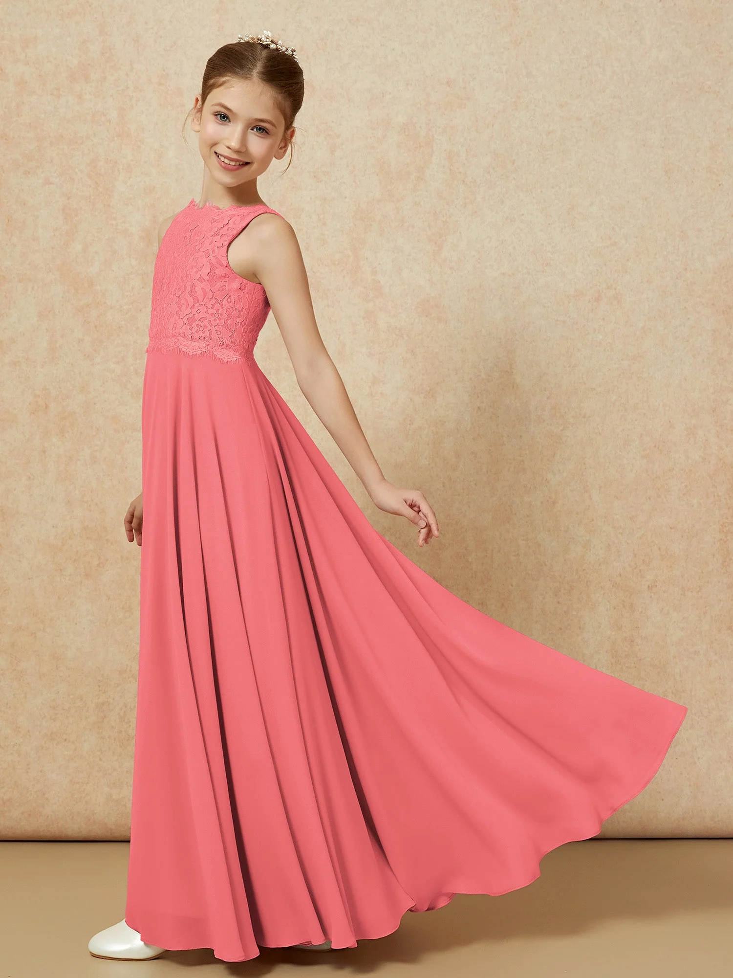 Bateau Ausschnitt A-Linie Bodenlang Chiffon Junge Brautjungfernkleider Wassermelone - Image 4