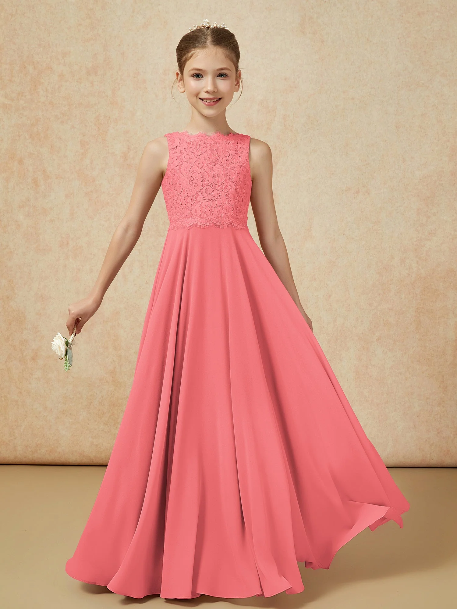 Bateau Ausschnitt A-Linie Bodenlang Chiffon Junge Brautjungfernkleider Wassermelone - Image 5