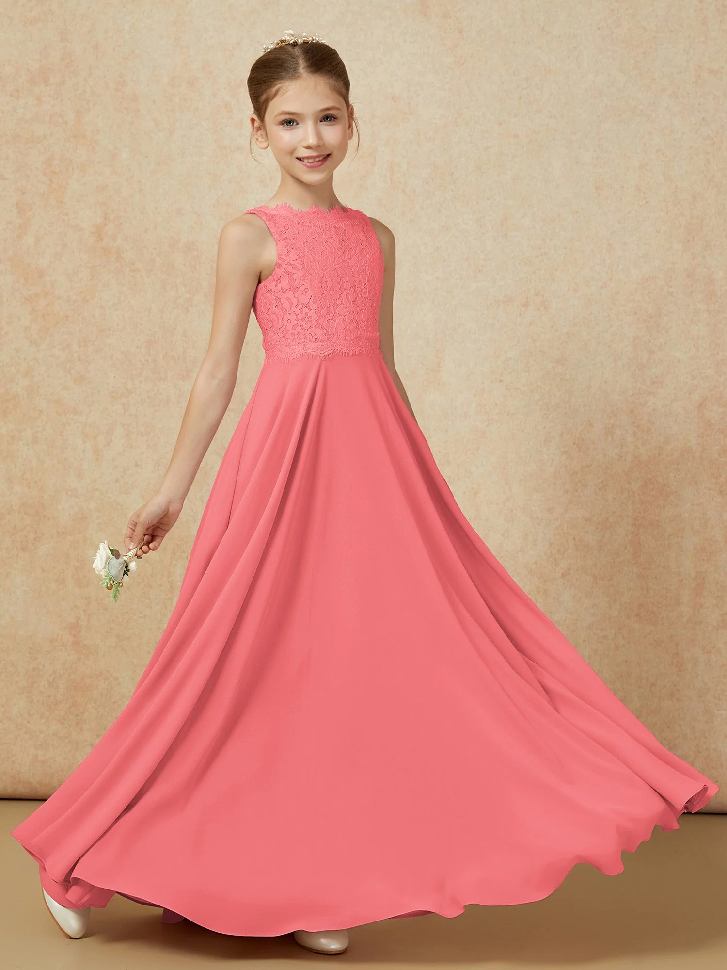 Bateau Ausschnitt A-Linie Bodenlang Chiffon Junge Brautjungfernkleider Wassermelone - Image 6