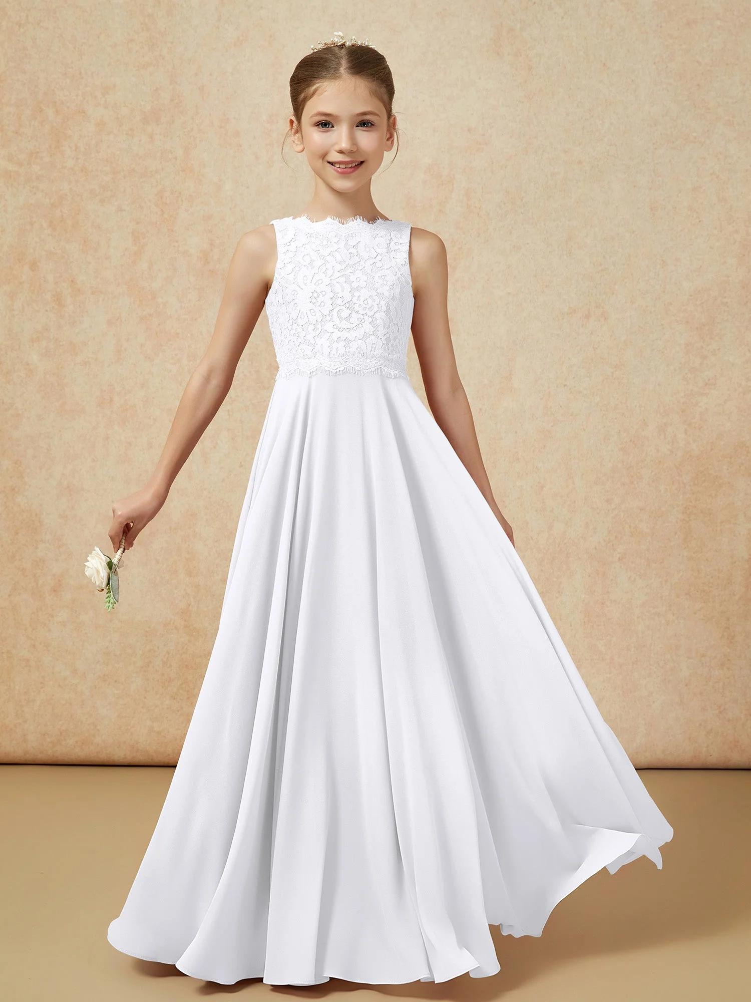 Bateau Ausschnitt A-Linie Bodenlang Chiffon Junge Brautjungfernkleider Weiß - Image 5