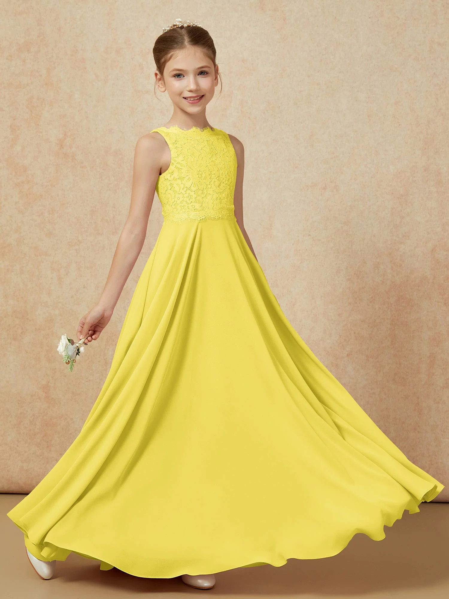 Bateau Ausschnitt A-Linie Bodenlang Chiffon Junge Brautjungfernkleider Zitrone - Image 6