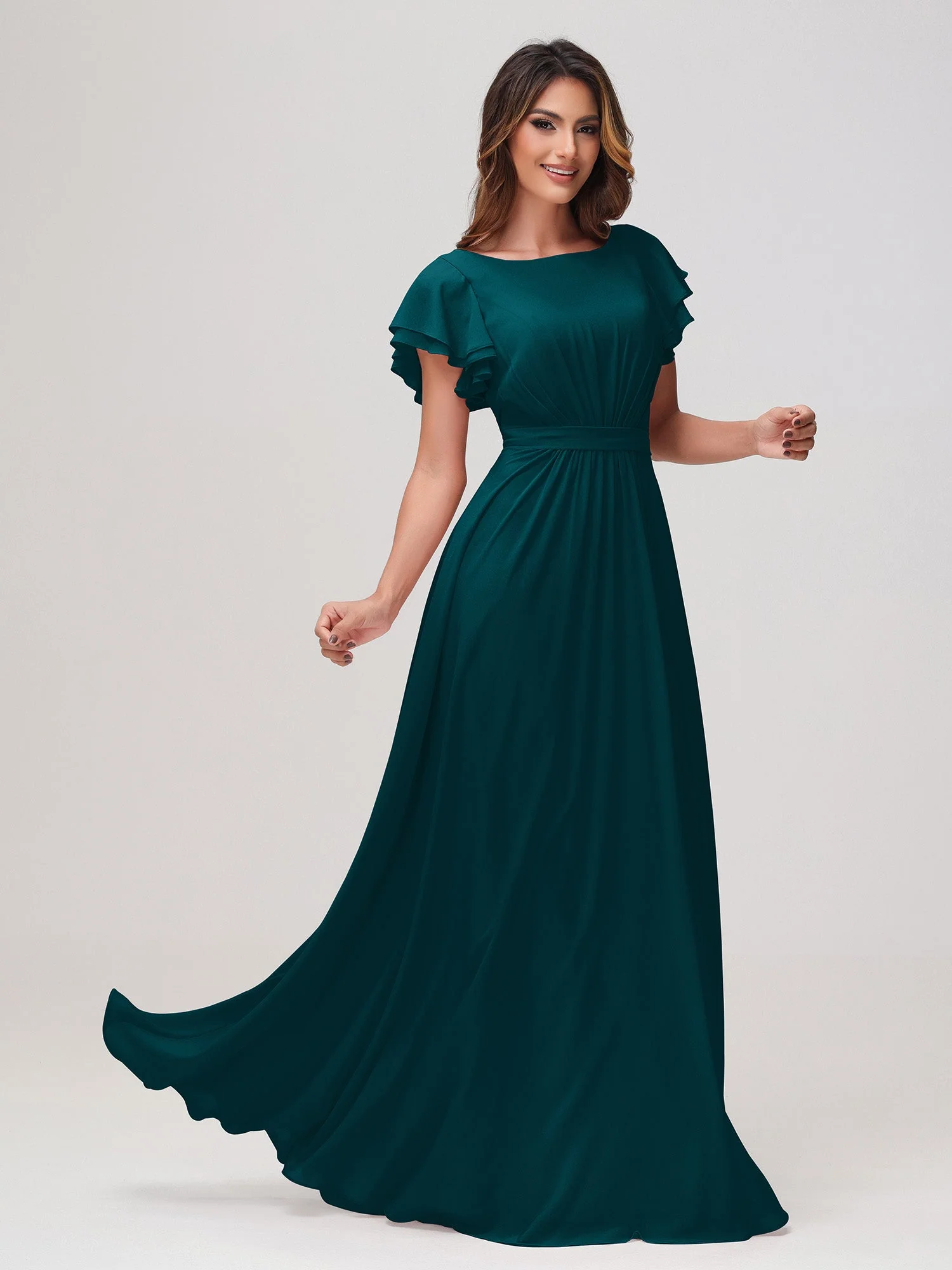 Bateau-Ausschnitt Flatterärmel Bodenlang Kleid Kieferngrün - Image 3