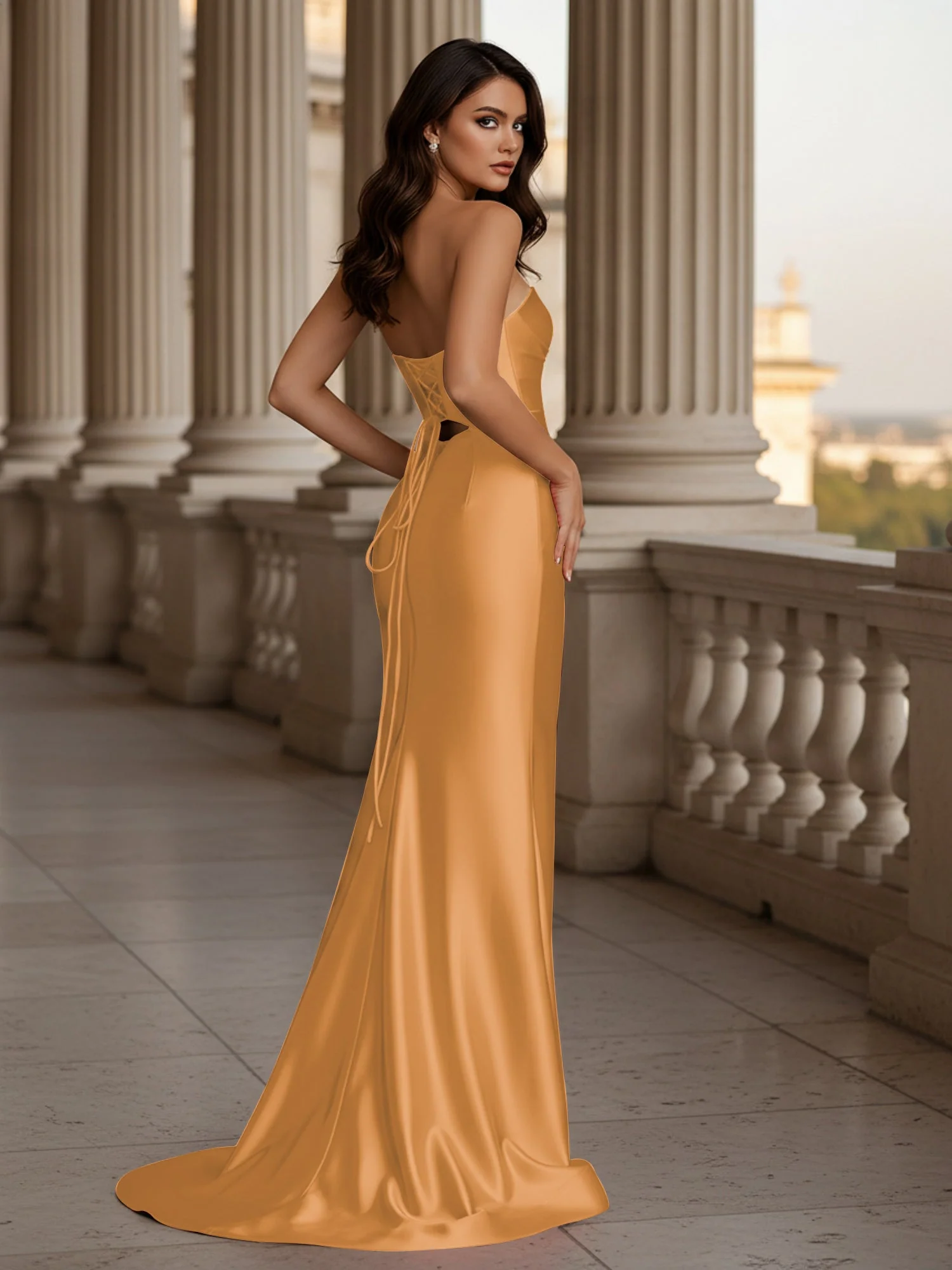 Plissee Herzform Ausschnitt Bodycon Kleid mit Schlitz Gold - Image 2