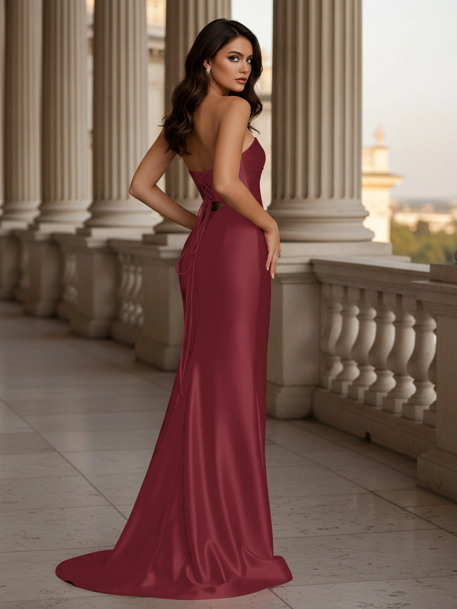 Plissee Herzform Ausschnitt Bodycon Kleid mit Schlitz Maulbeere - Image 2