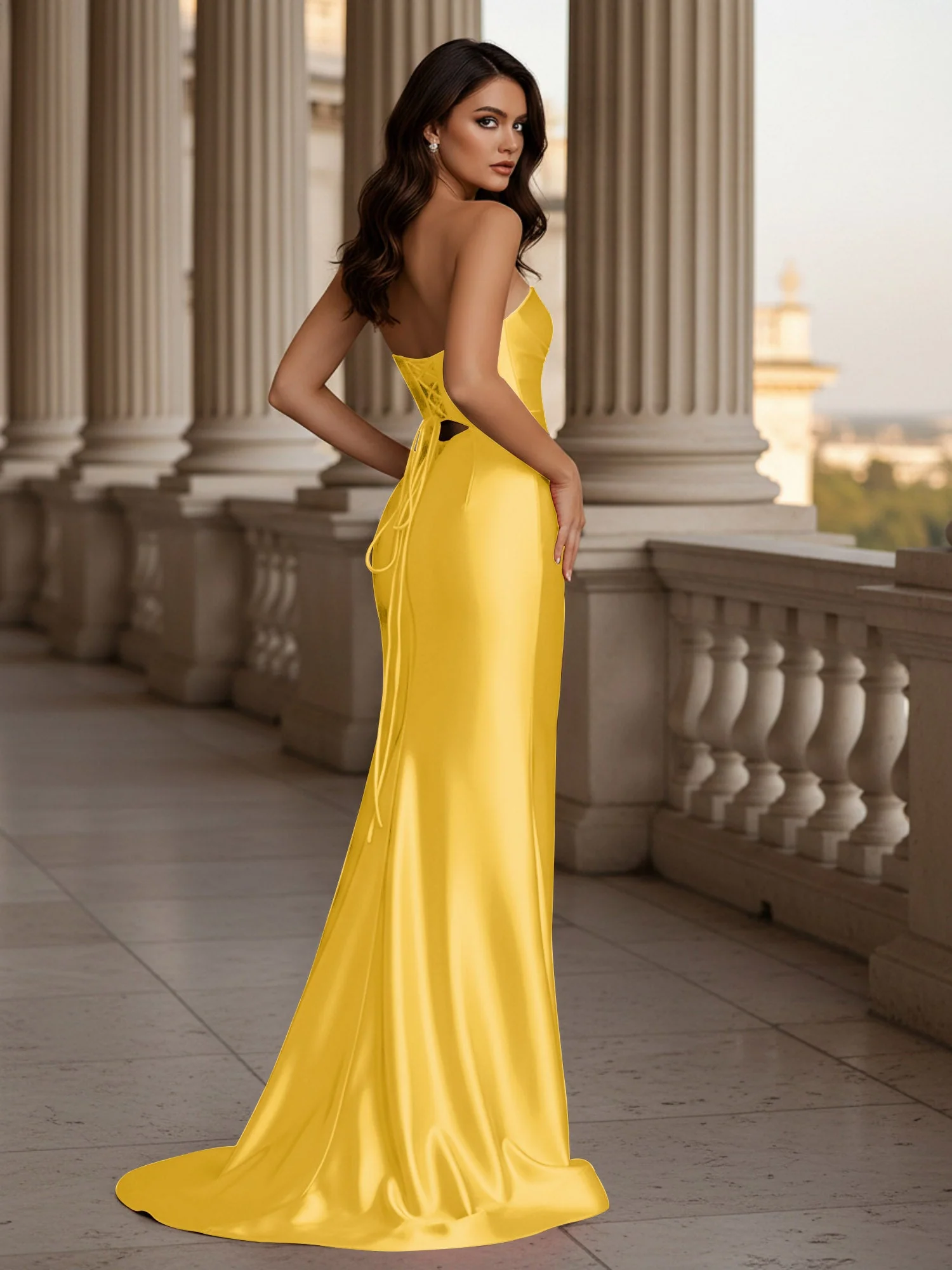 Plissee Herzform Ausschnitt Bodycon Kleid mit Schlitz Ringelblume - Image 2