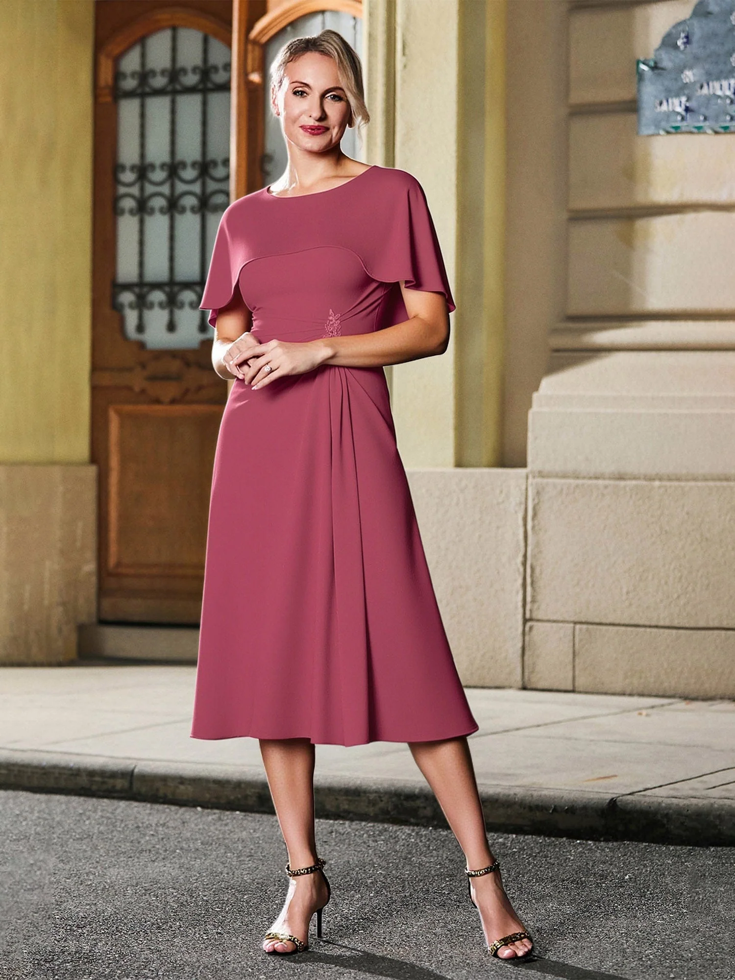 Scoop Ausschnitt Flatterärmel Appliqued Wadenlang Kleid Königsblau