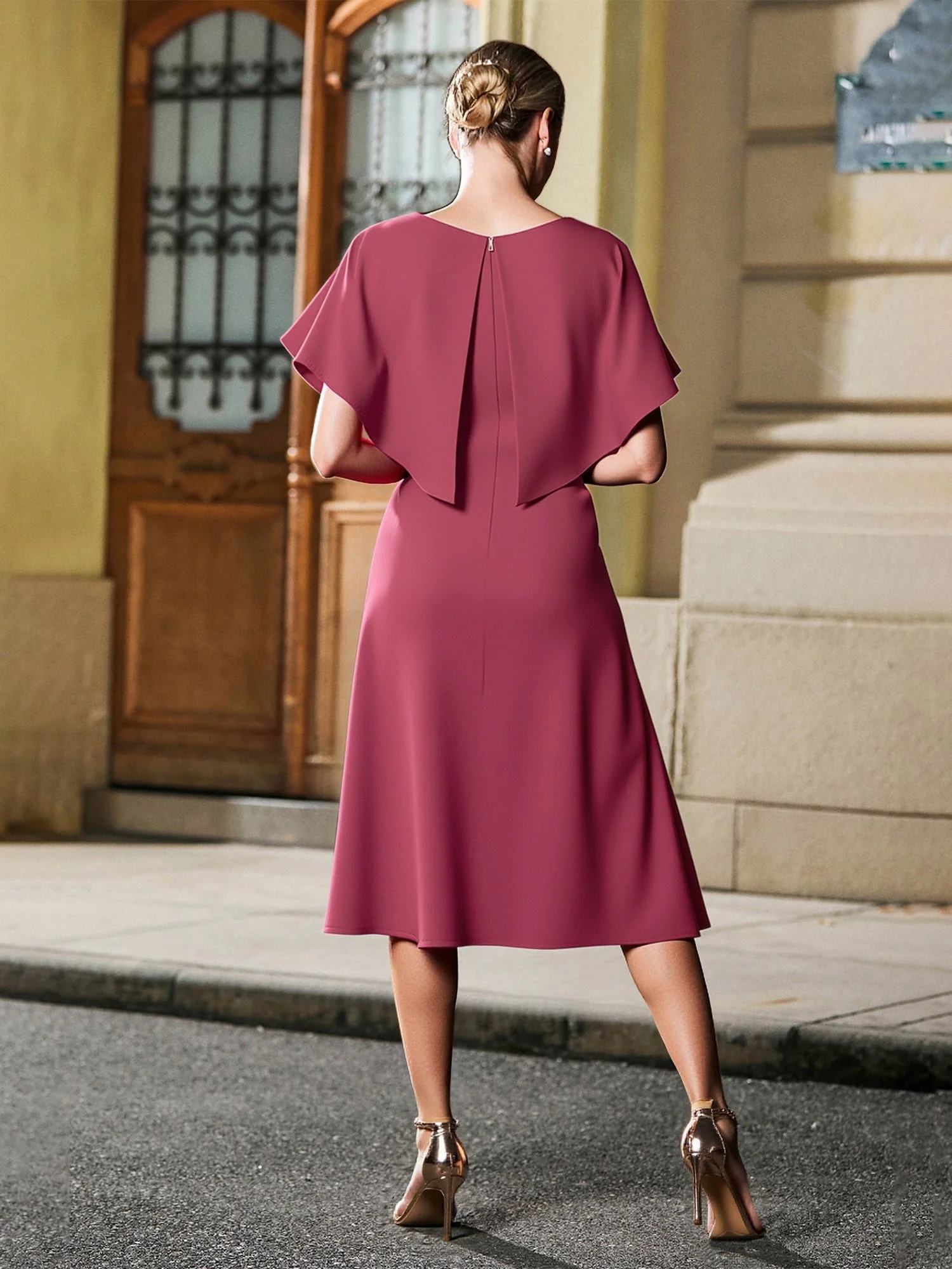 Scoop Ausschnitt Flatterärmel Appliqued Wadenlang Kleid Schwarz - Image 2
