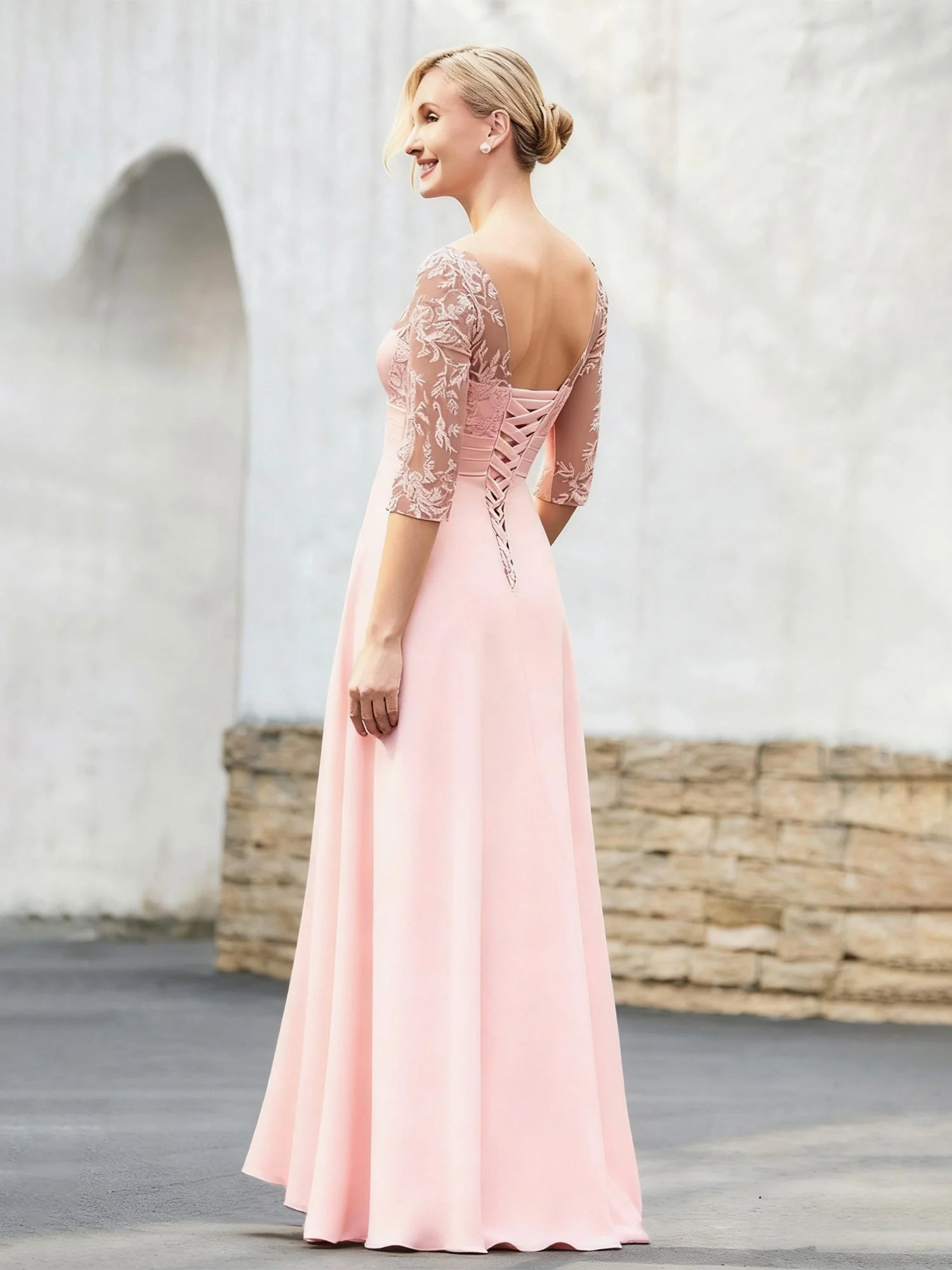 V-Ausschnitt Appliqued Chiffon A-Linie Asymmetrisch Kleid Bonbonrosa - Image 2