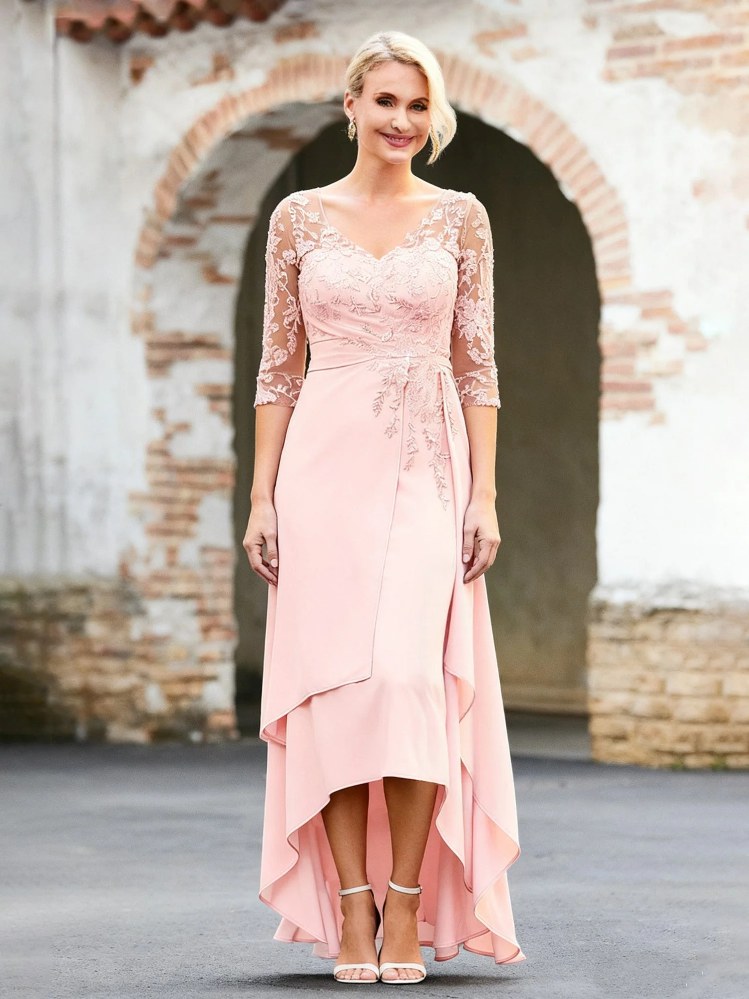 V-Ausschnitt Appliqued Chiffon A-Linie Asymmetrisch Kleid Elfenbein